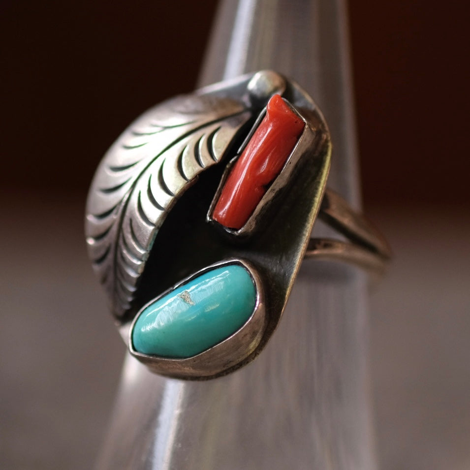 Vintage Sterling Turquoise and Coral Feather Ring 6.5