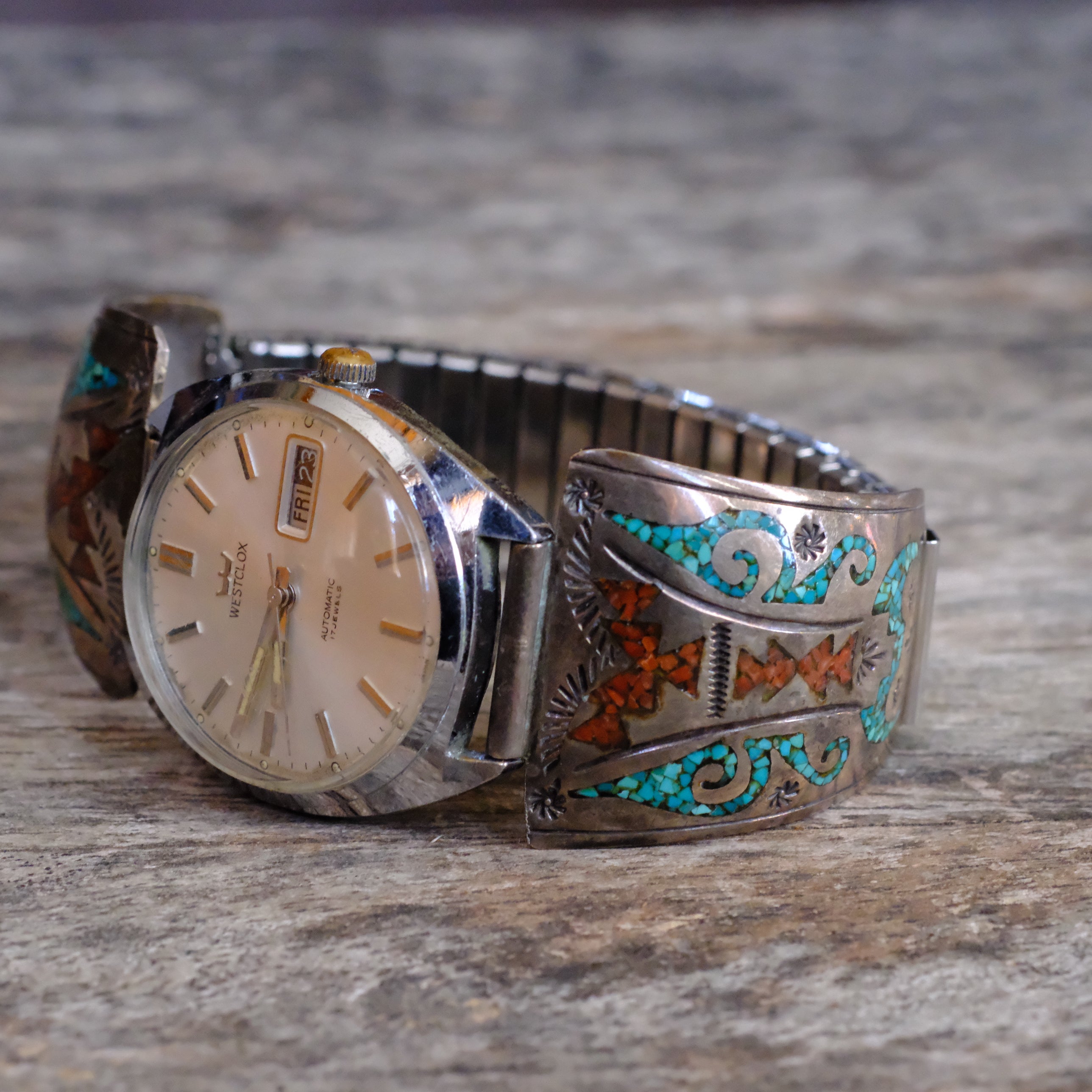 Vintage Sterling Crushed Turquoise and Coral Inlay Ring