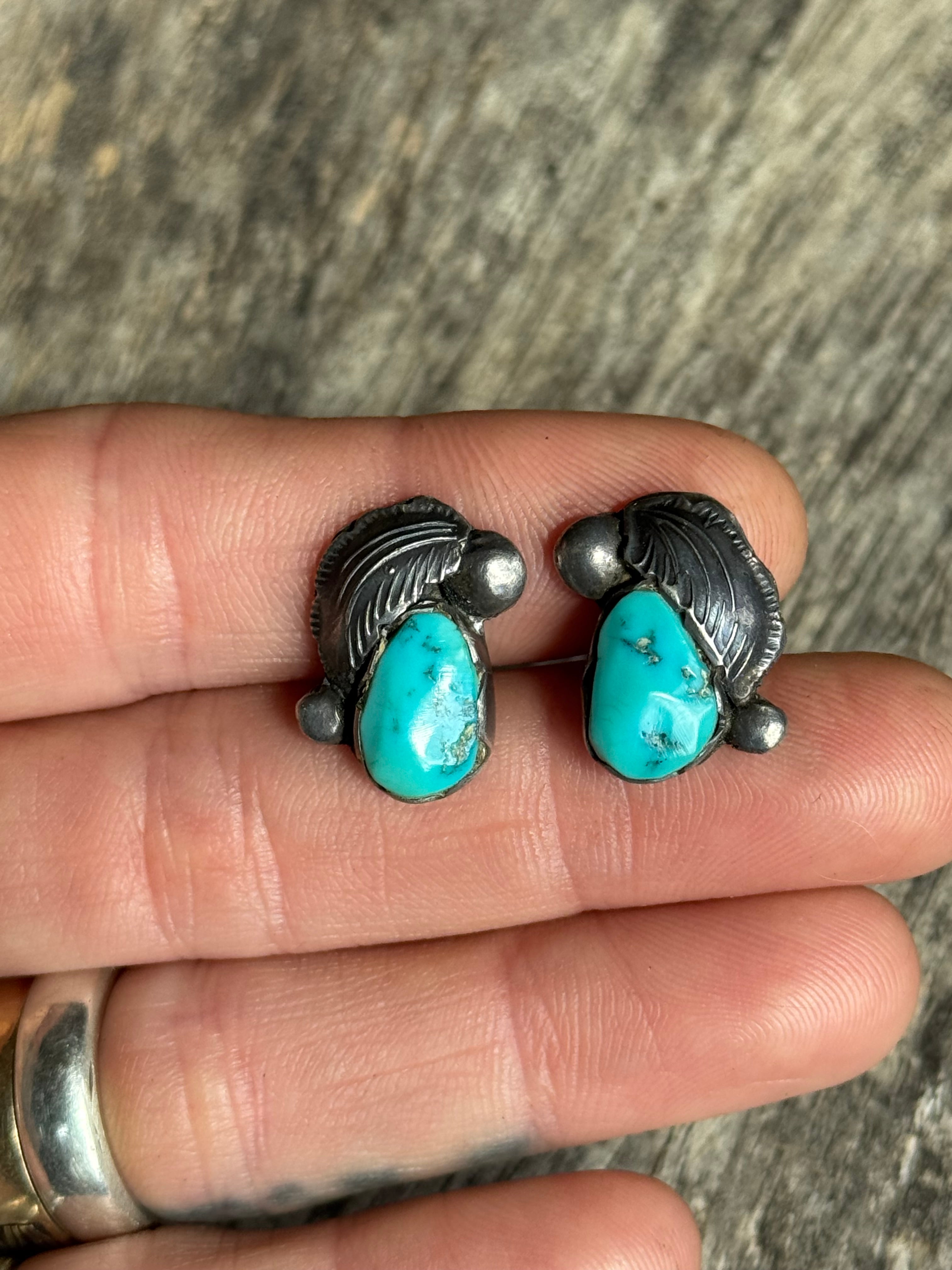 Vintage Sterling Silver Turquoise Feather Earrings