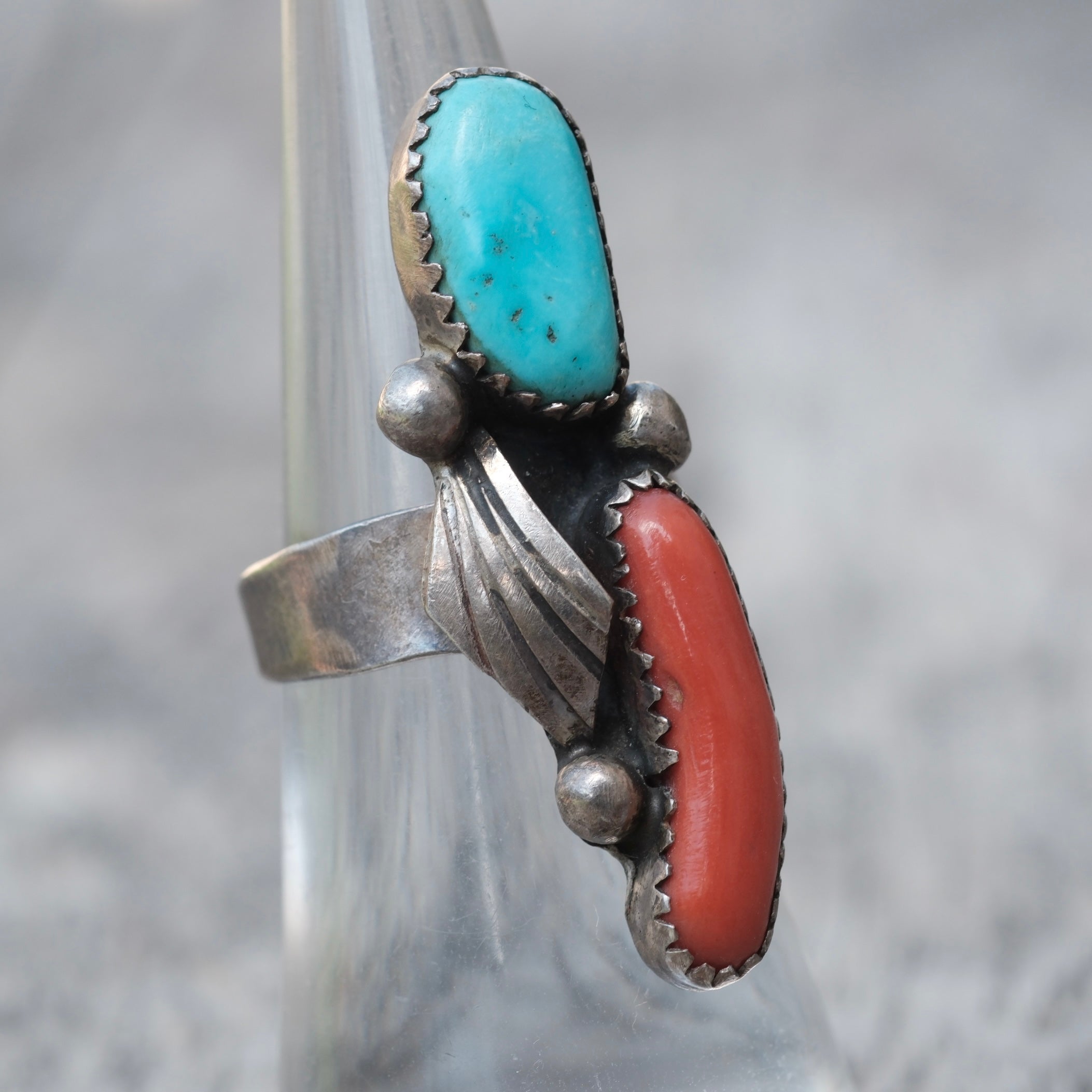 Vintage Sterling Turquoise and Coral Feather Ring 6