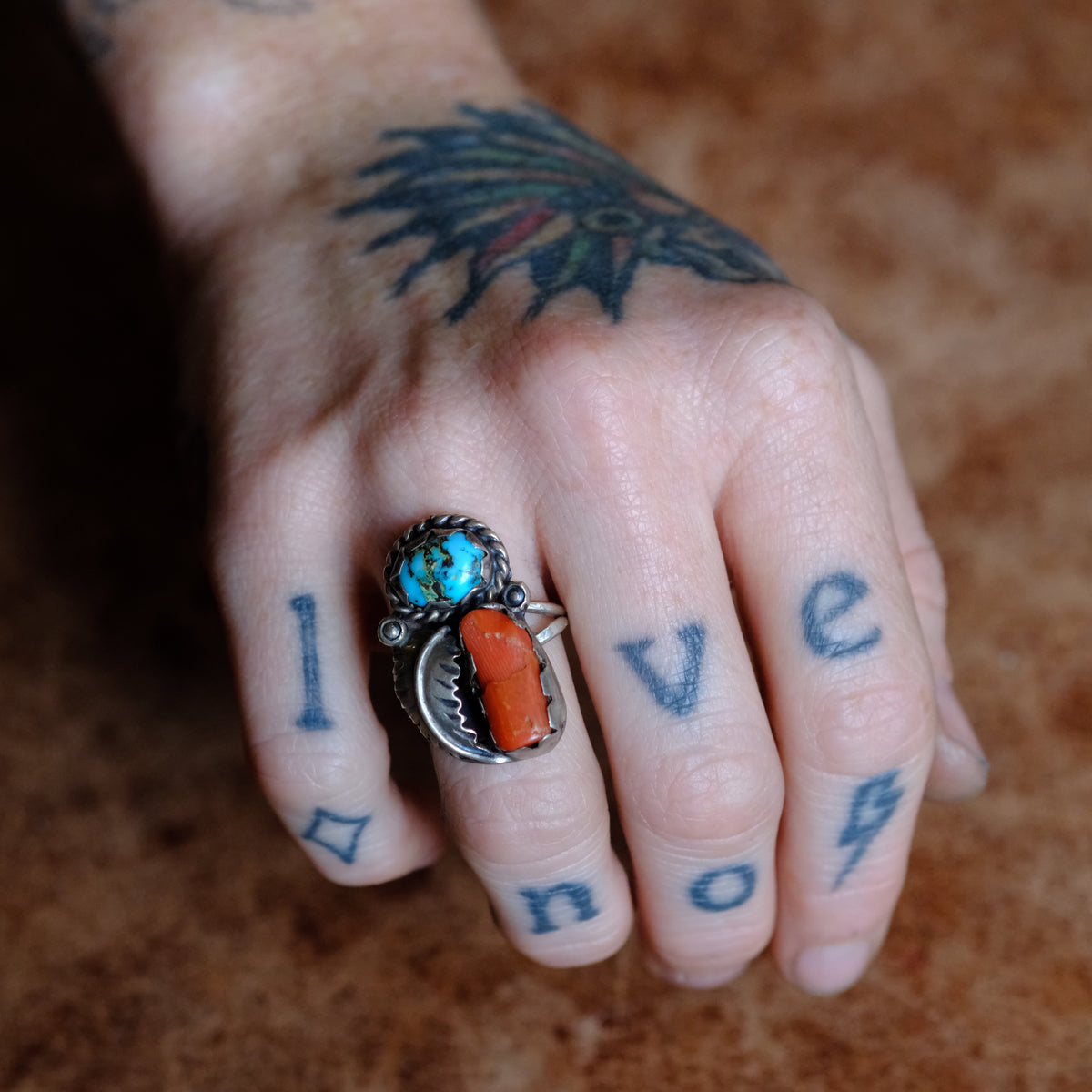 Vintage Sterling Turquoise and Coral Feather Ring 5.75