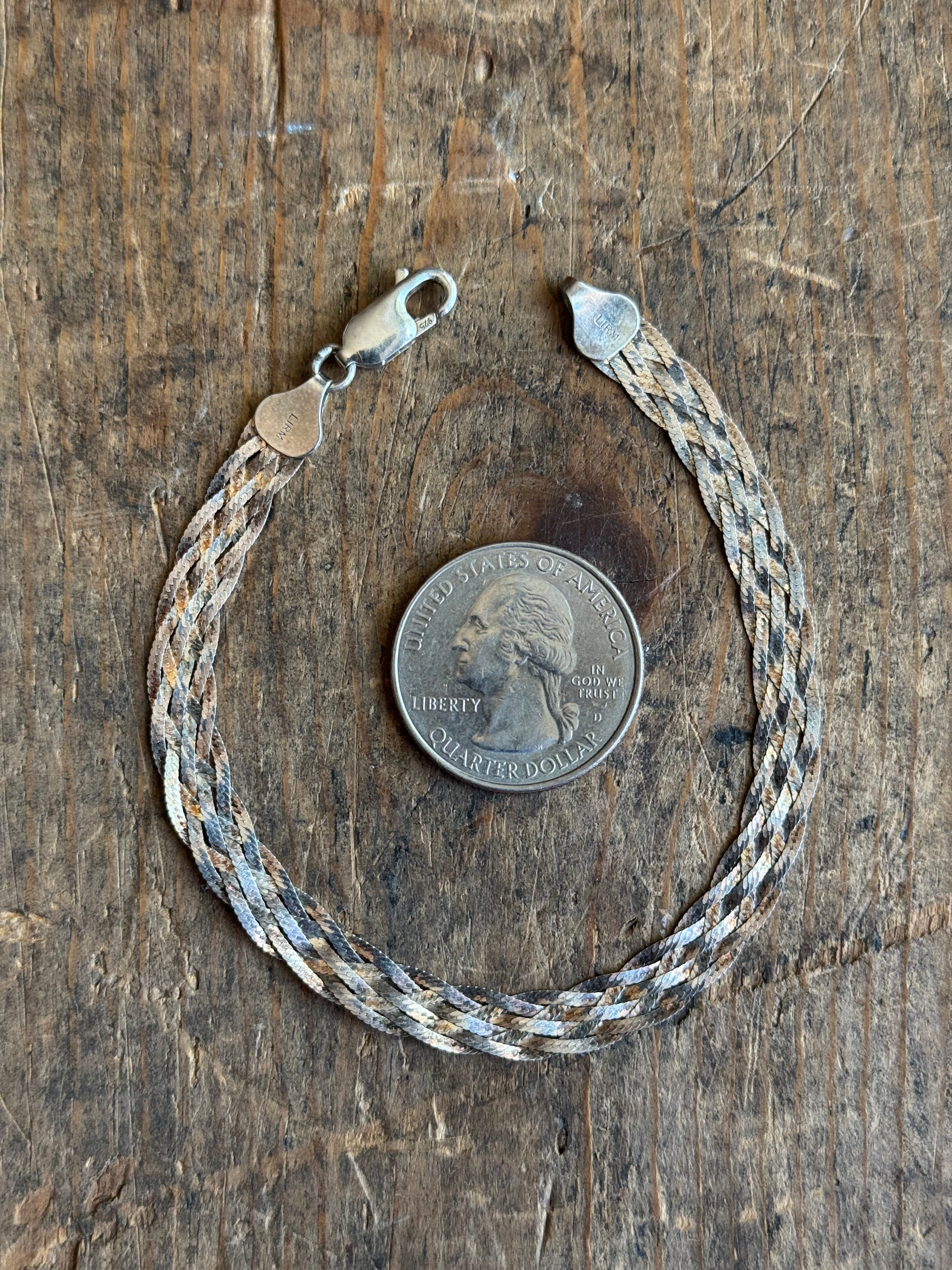 Vintage Sterling Silver Braided Herringbone Chain Bracelet 7.5"