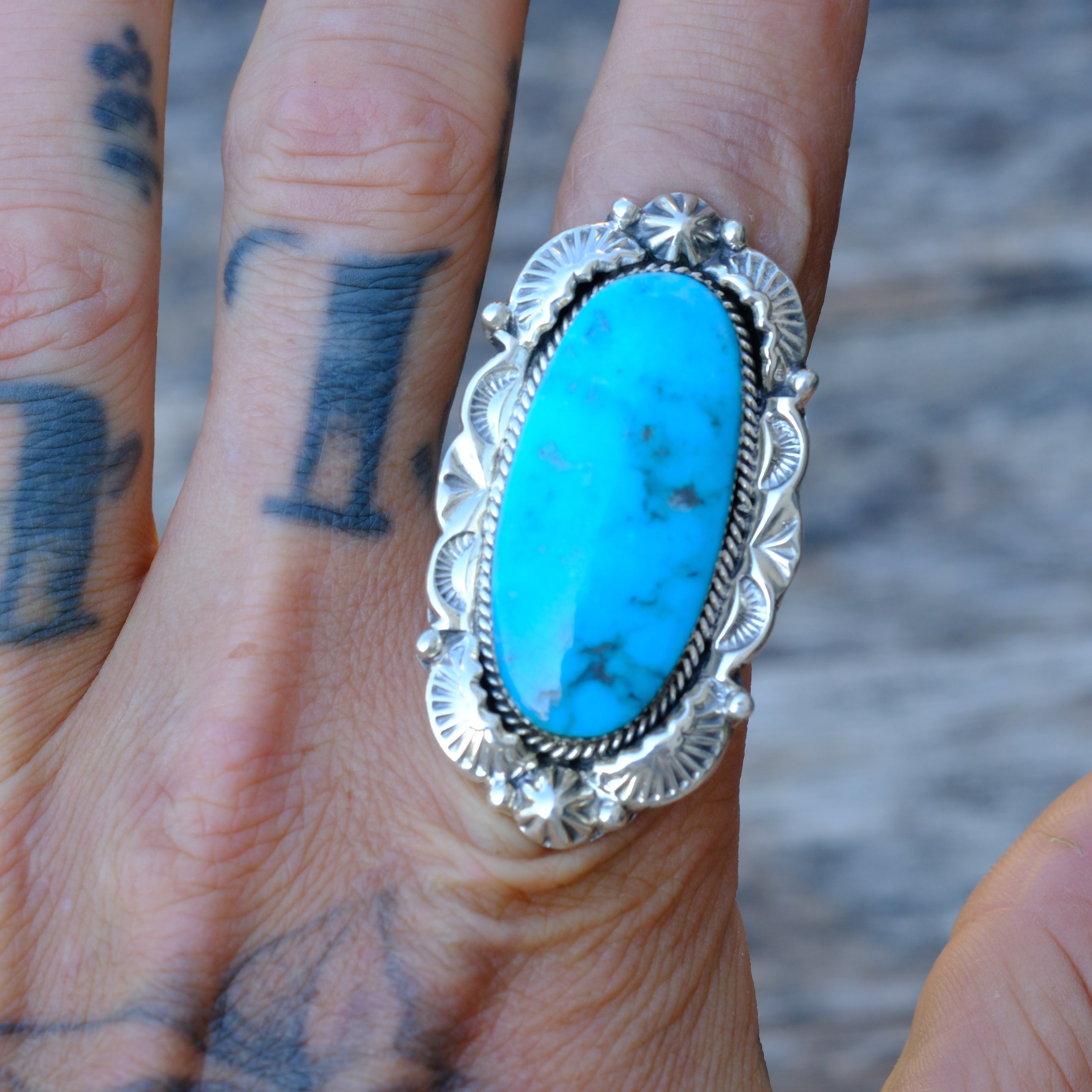 Huge Sterling Silver Turquoise Running Bear Ring 11