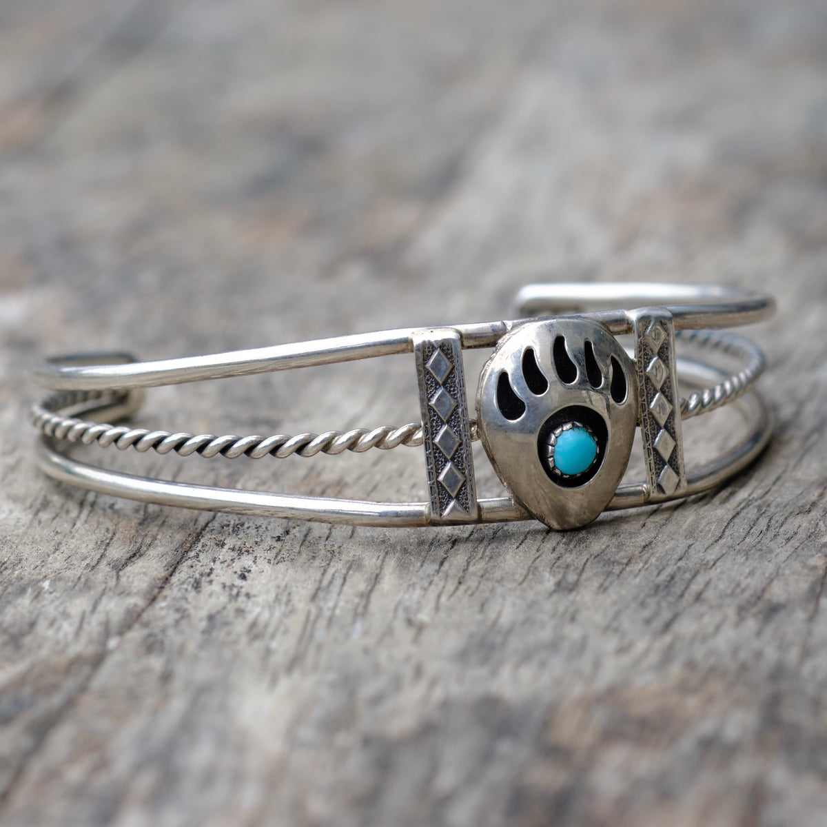 Vintage Sterling Turquoise Bear Paw Cuff Bracelet