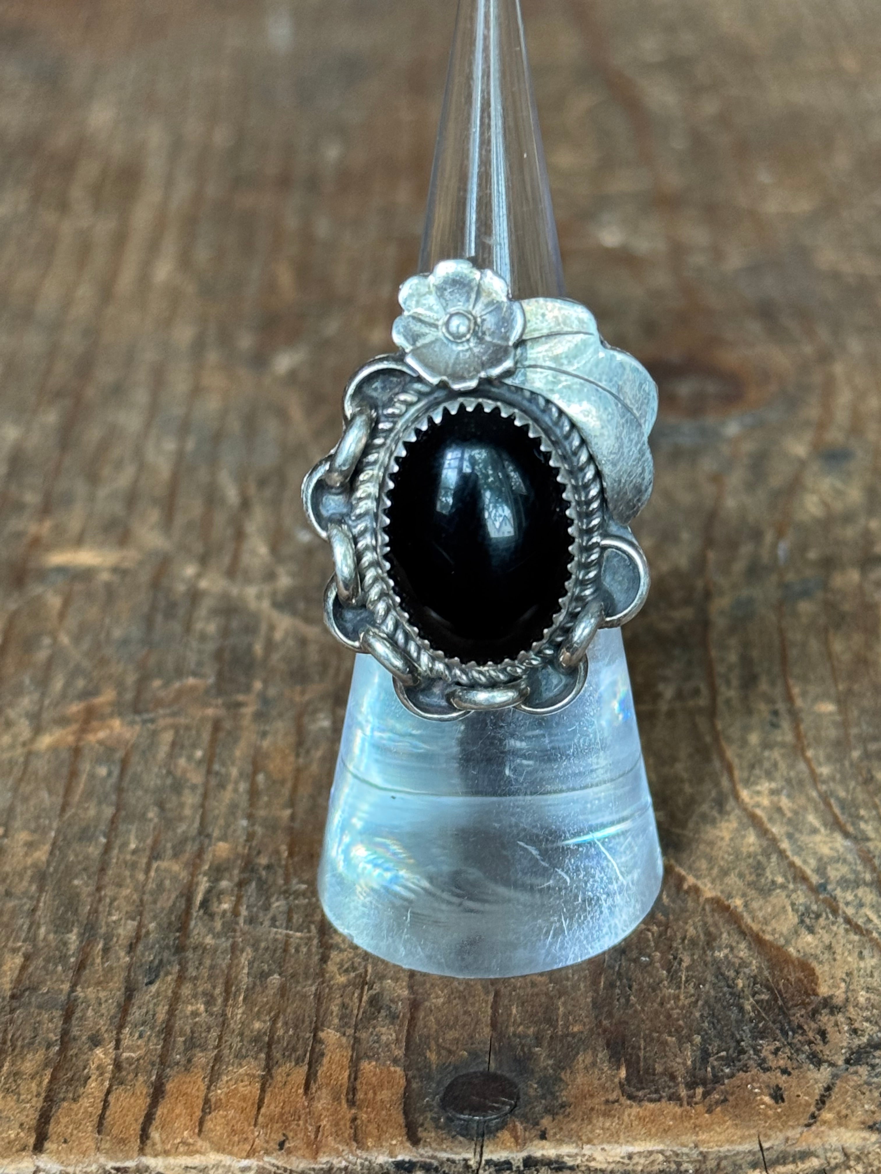Vintage Sterling Silver Onyx Chainlink Flower Ring 5.5