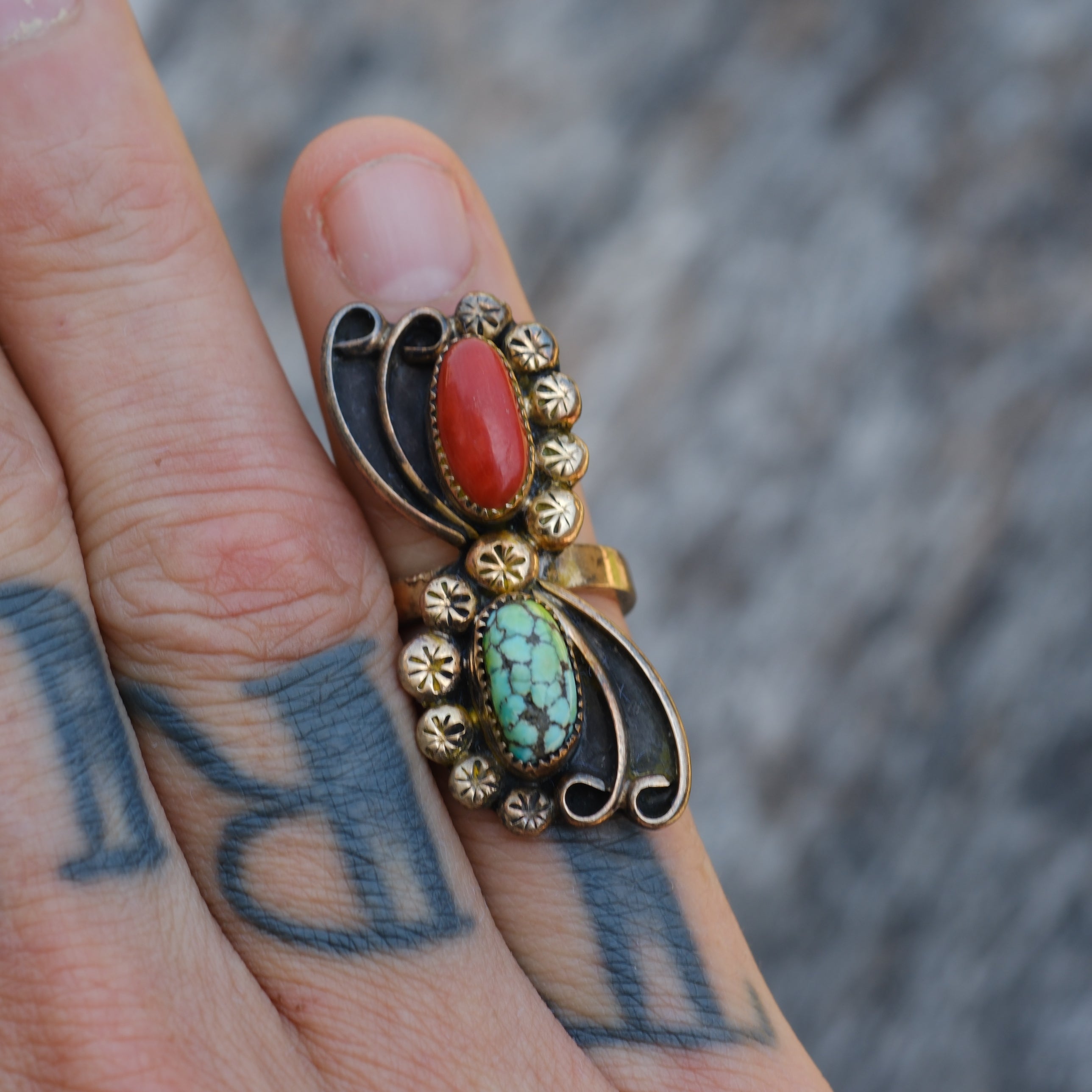 Vintage Gold Wash Sterling Turquoise and Coral Ring 4.75