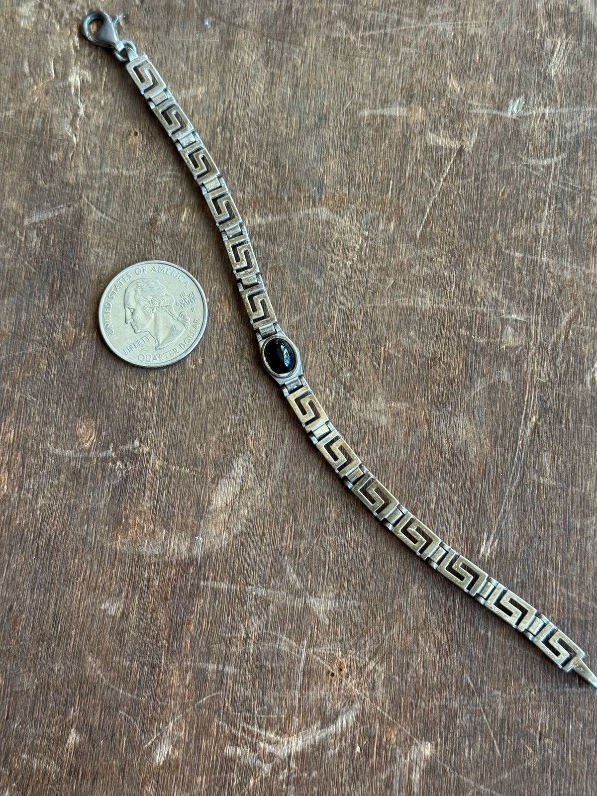 Vintage Sterling Silver 7.25” Onyx Grecian Link Bracelet