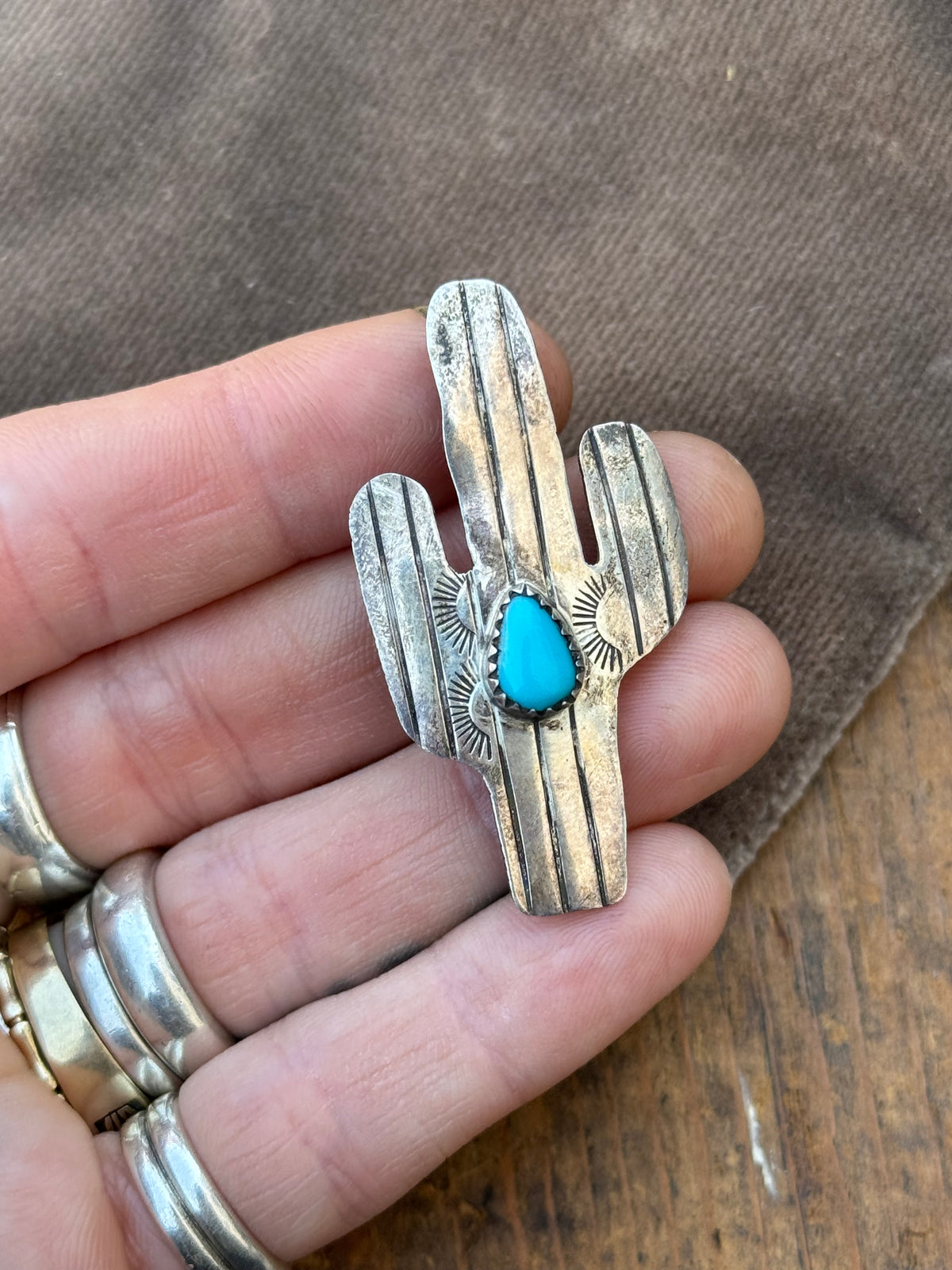 Vintage Sterling Silver Turquoise Cactus Pin