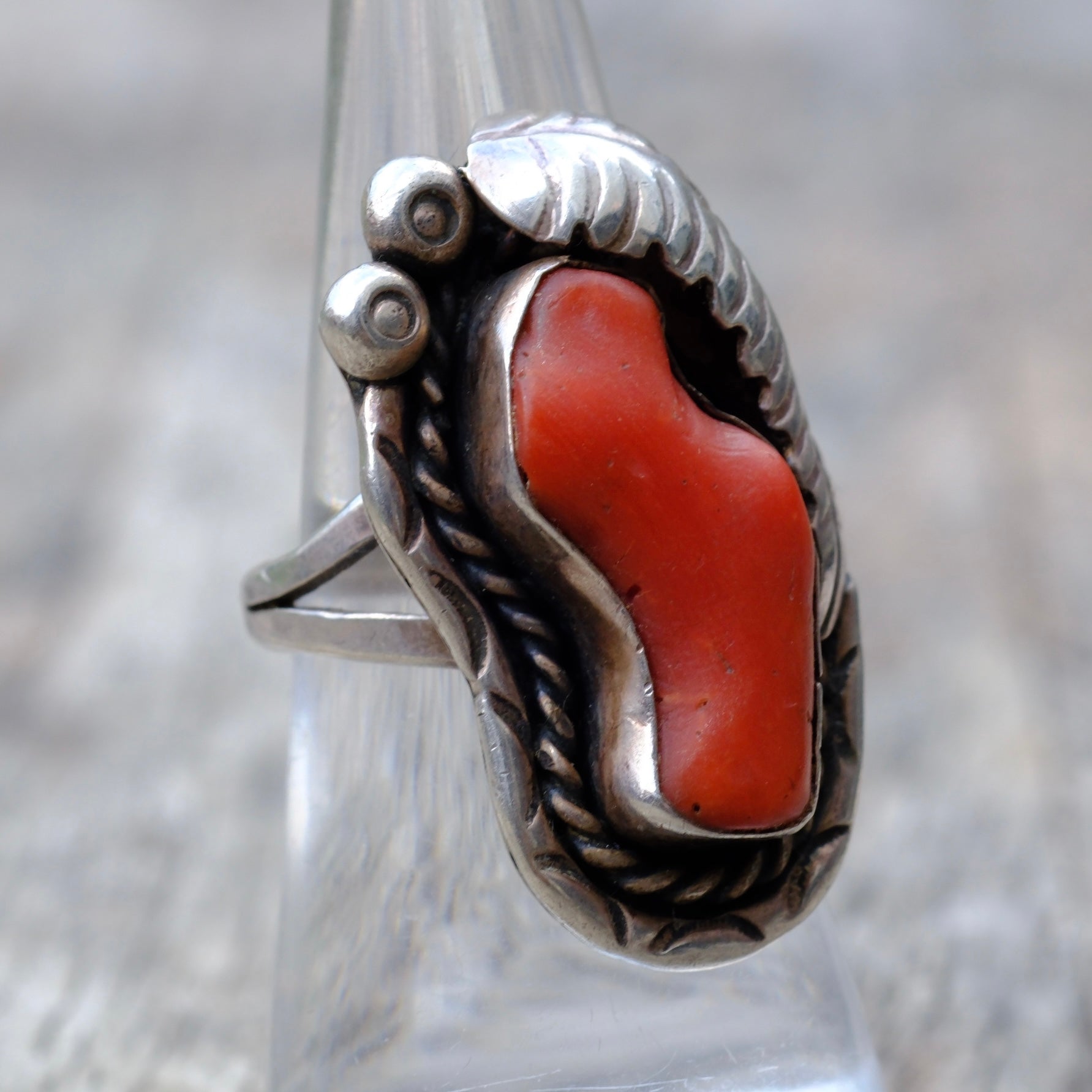 Vintage Sterling Silver Chunky Coral Leaf Ring 6.75