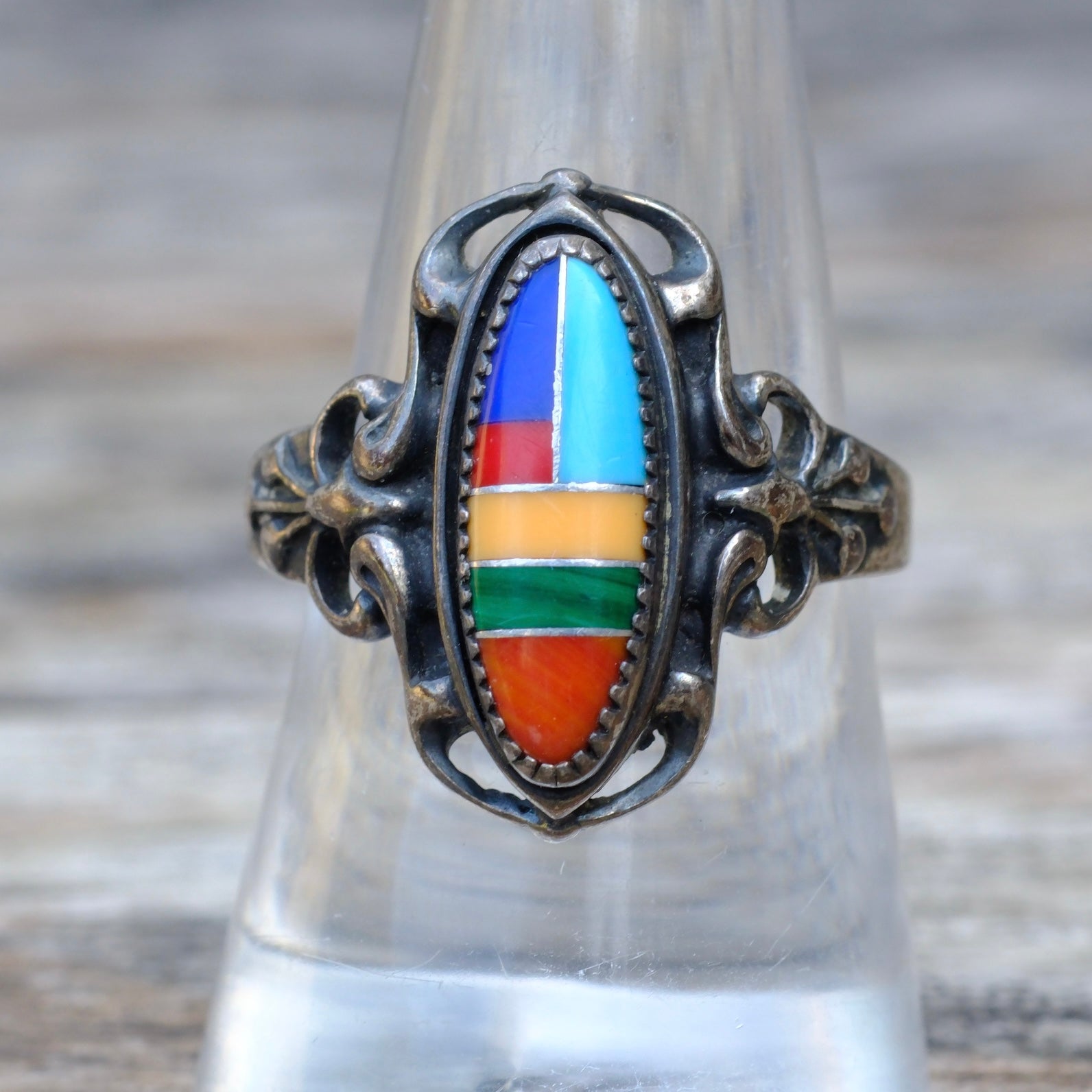 Vintage Sterling Multistone Inlay Ring 8.5
