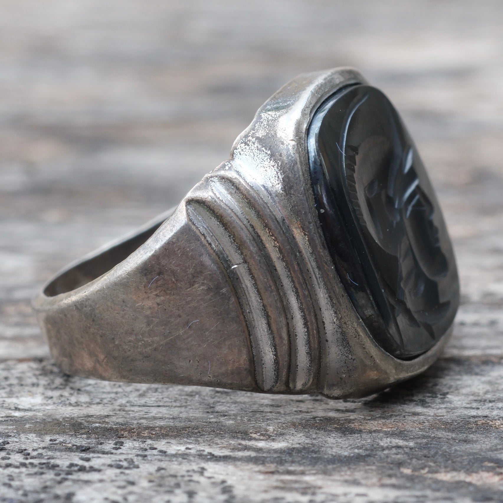 Vintage Sterling Hematite Centurion Signet Ring 7.75