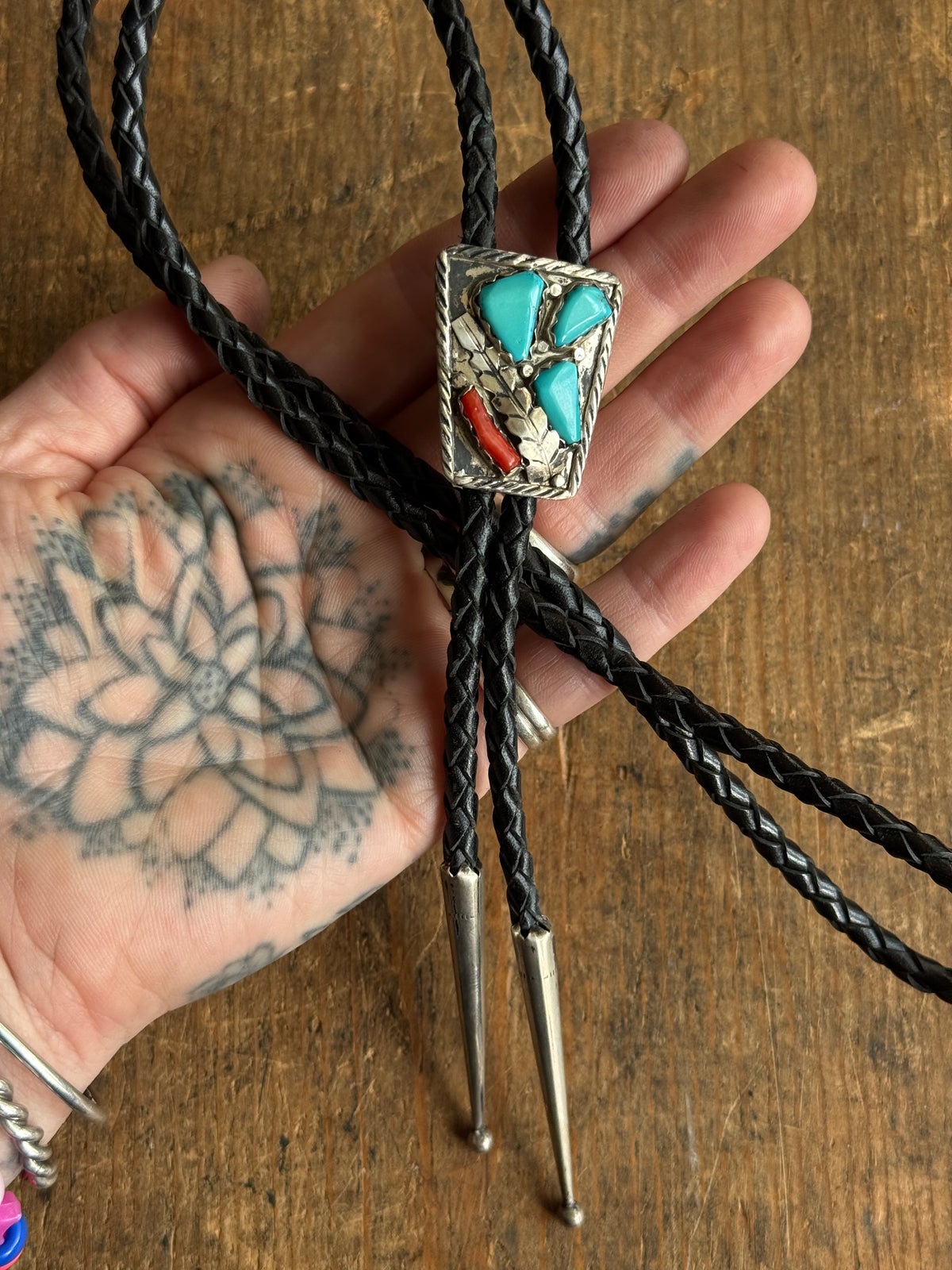 Vintage Sterling Silver Turquoise & Coral Shield Bolo