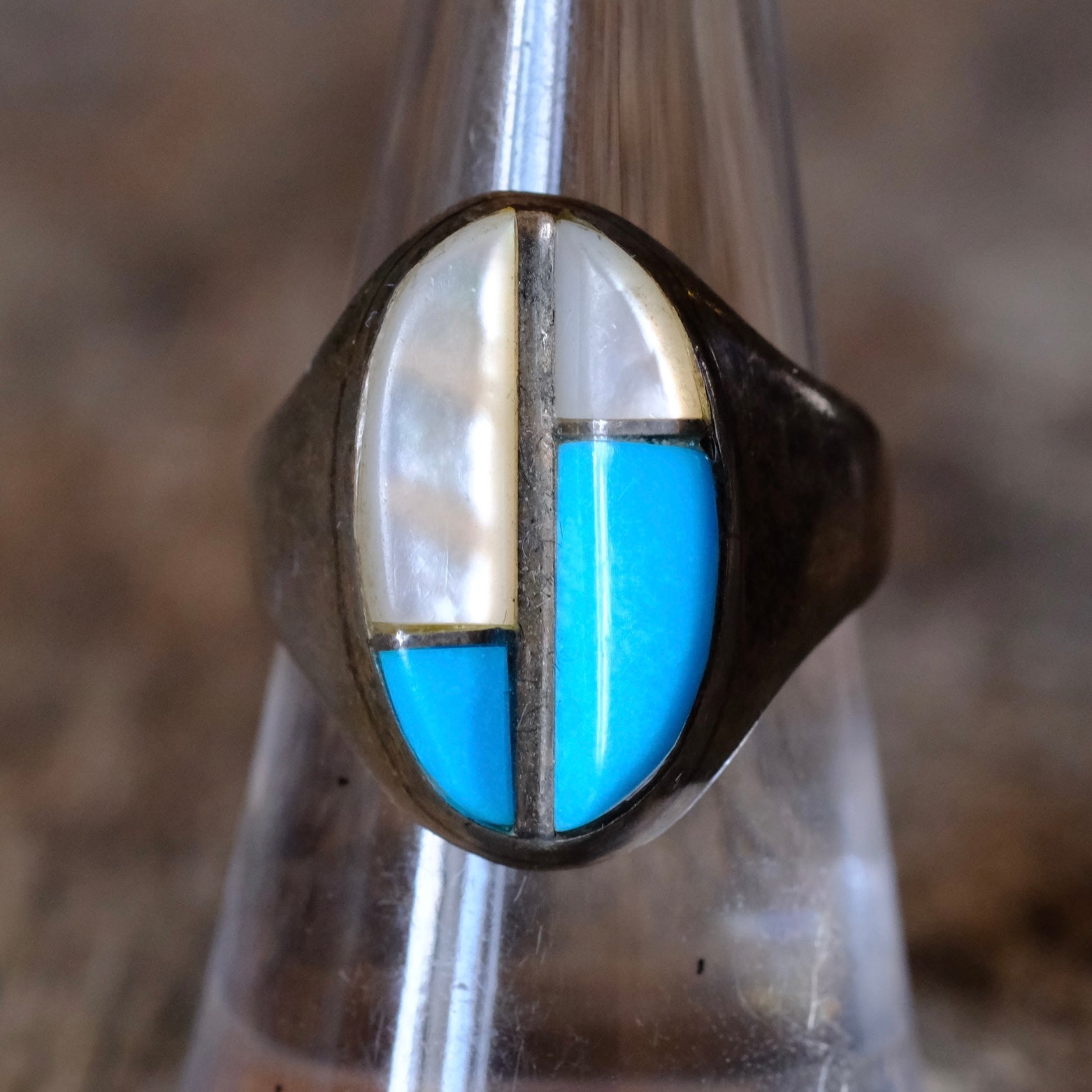 Vintage Sterling Turquoise and Mother Of Pearl Inlay Ring 8.25