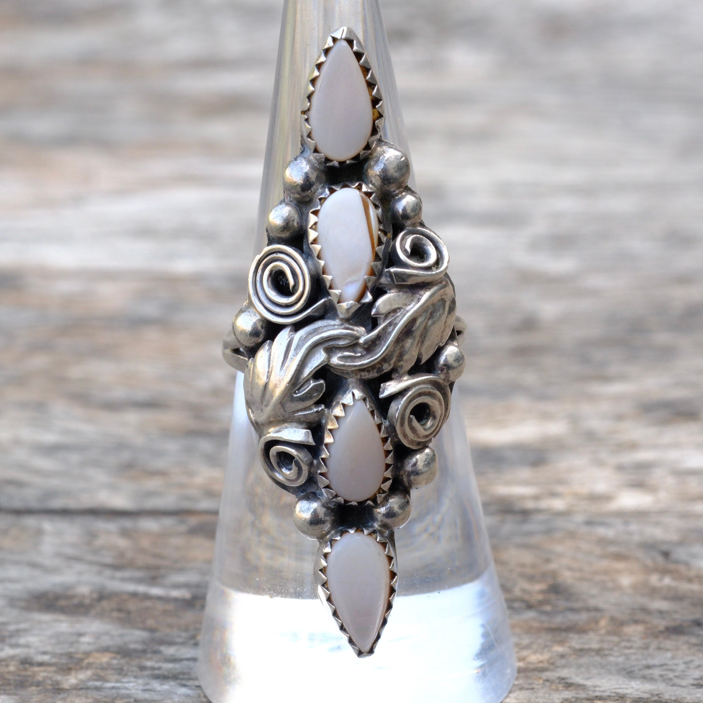 Vintage Sterling Mother Of Pearl Feather Ring 6
