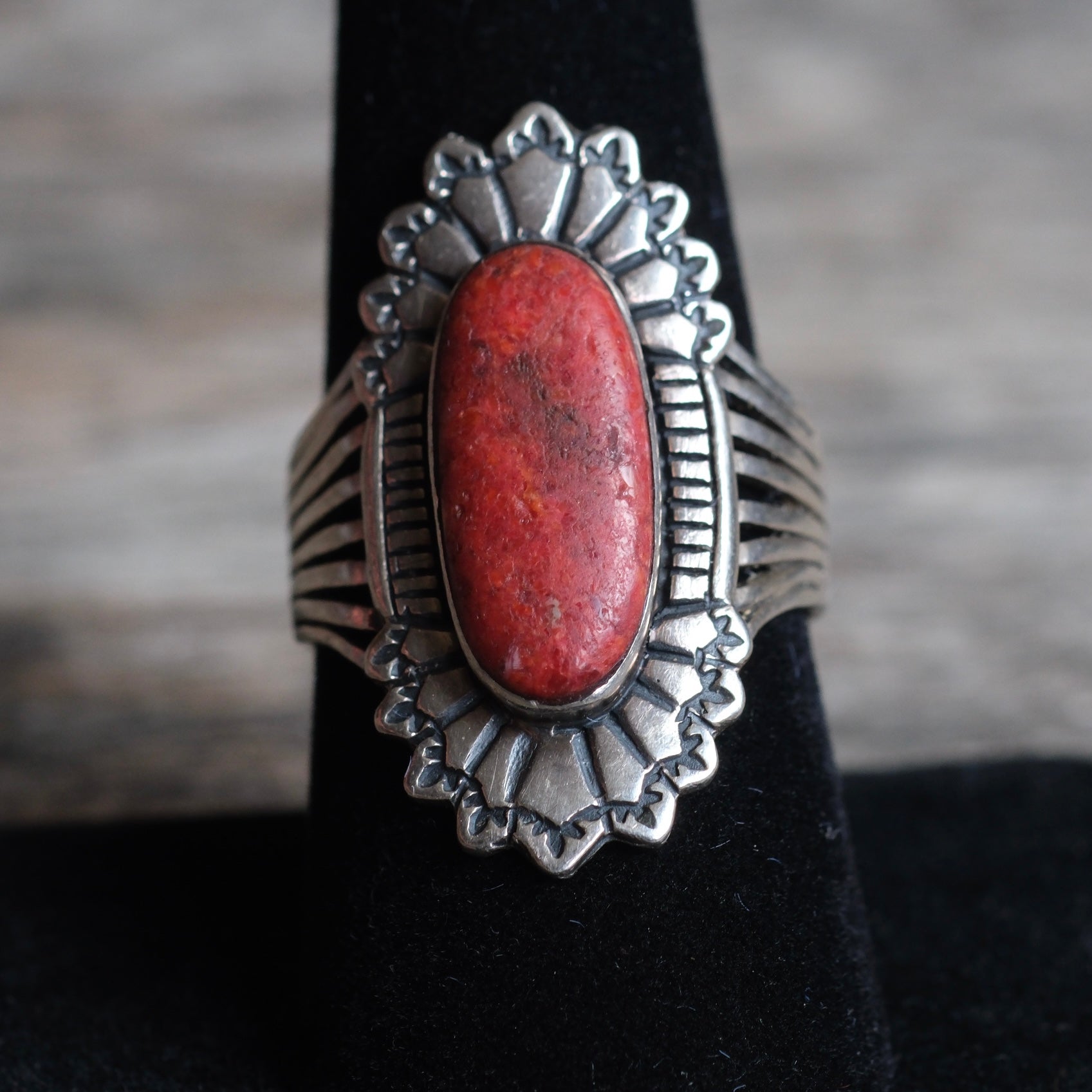 Vintage Sterling Red Jasper Concho Ring 8.5