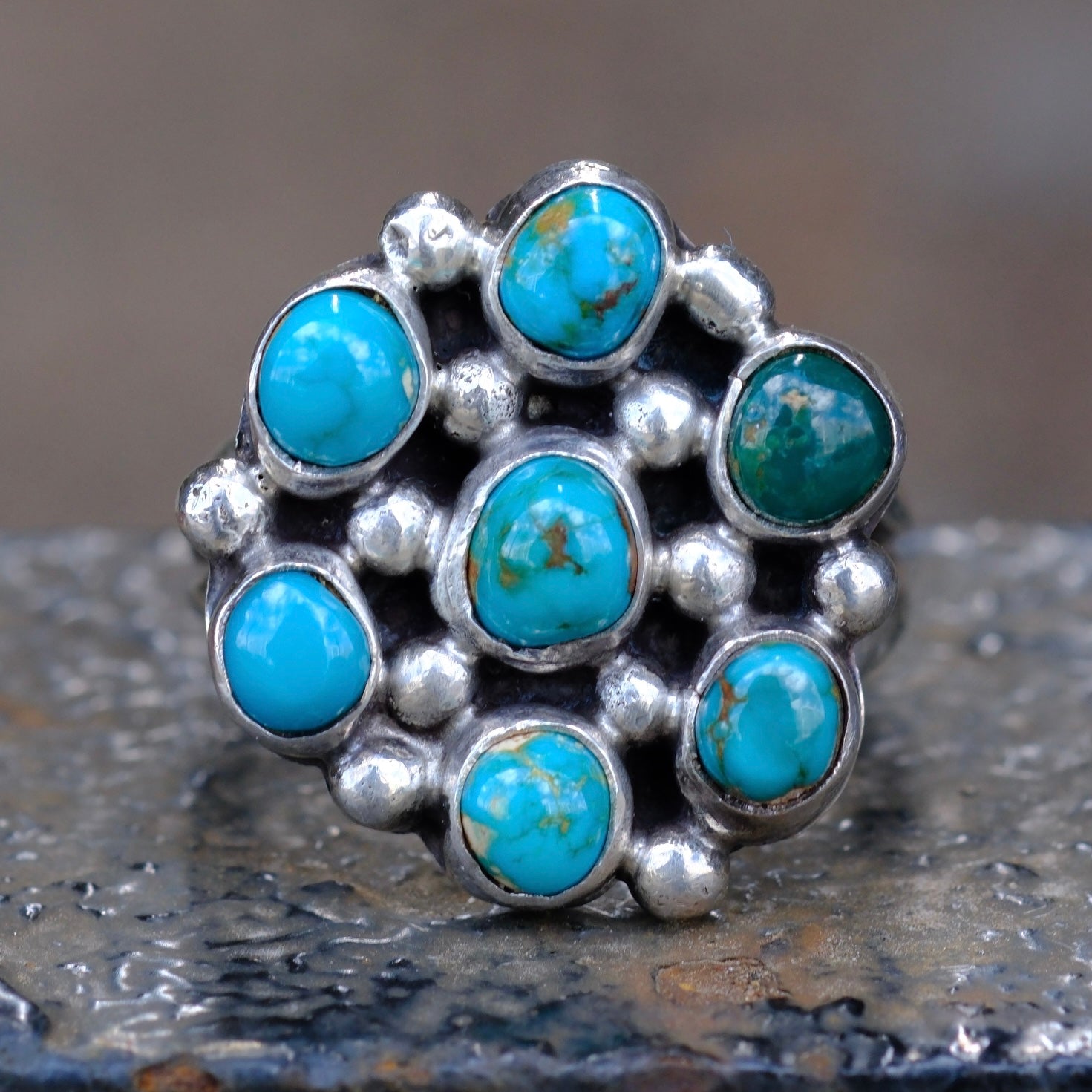 Vintage Sterling Turquoise Cluster Ring 7.25