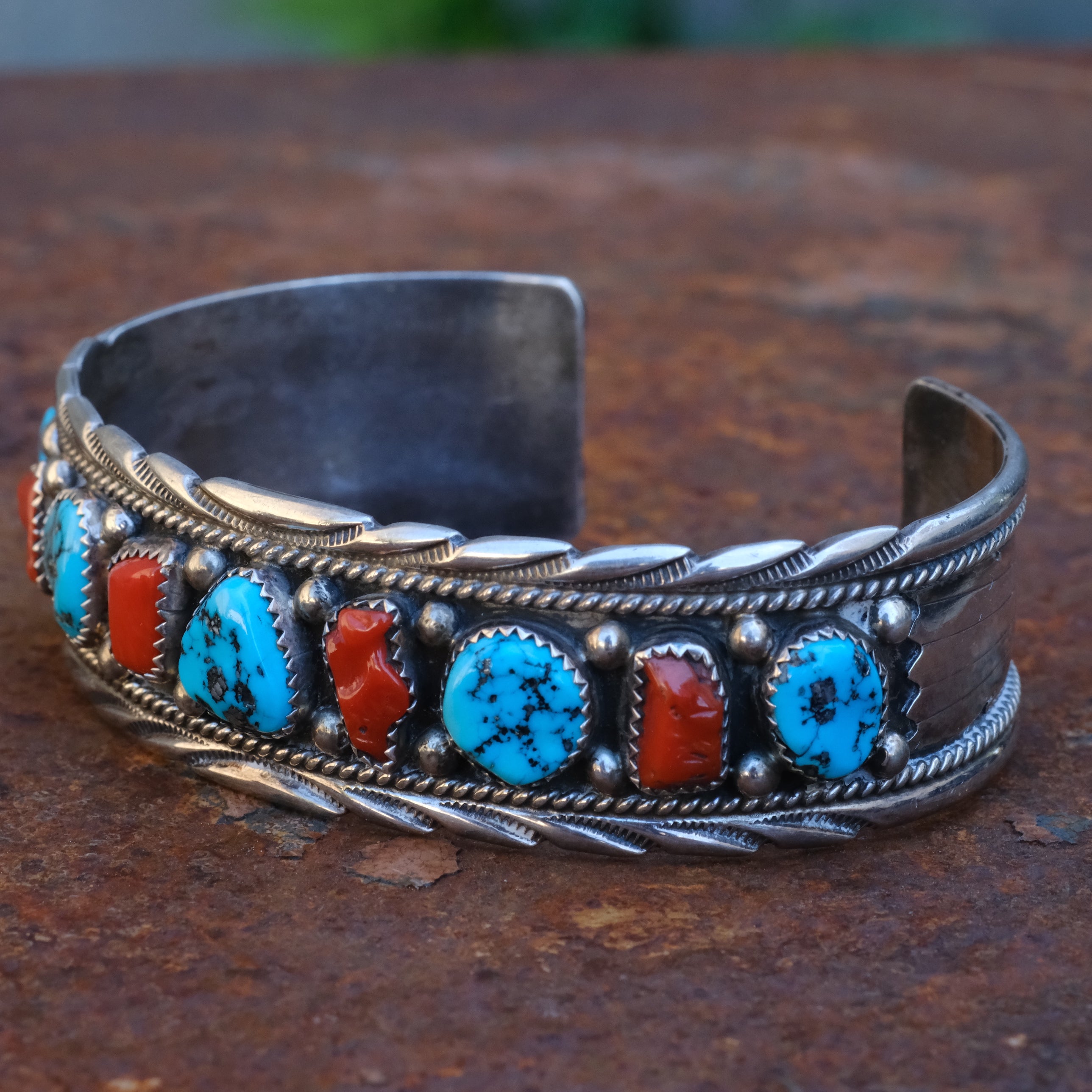Large Vintage Sterling Turquoise and Coral Cuff Bracelet