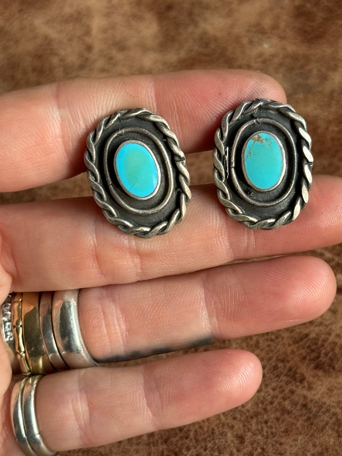 Vintage Sterling Silver Roped Turquoise Shadowbox Cufflinks