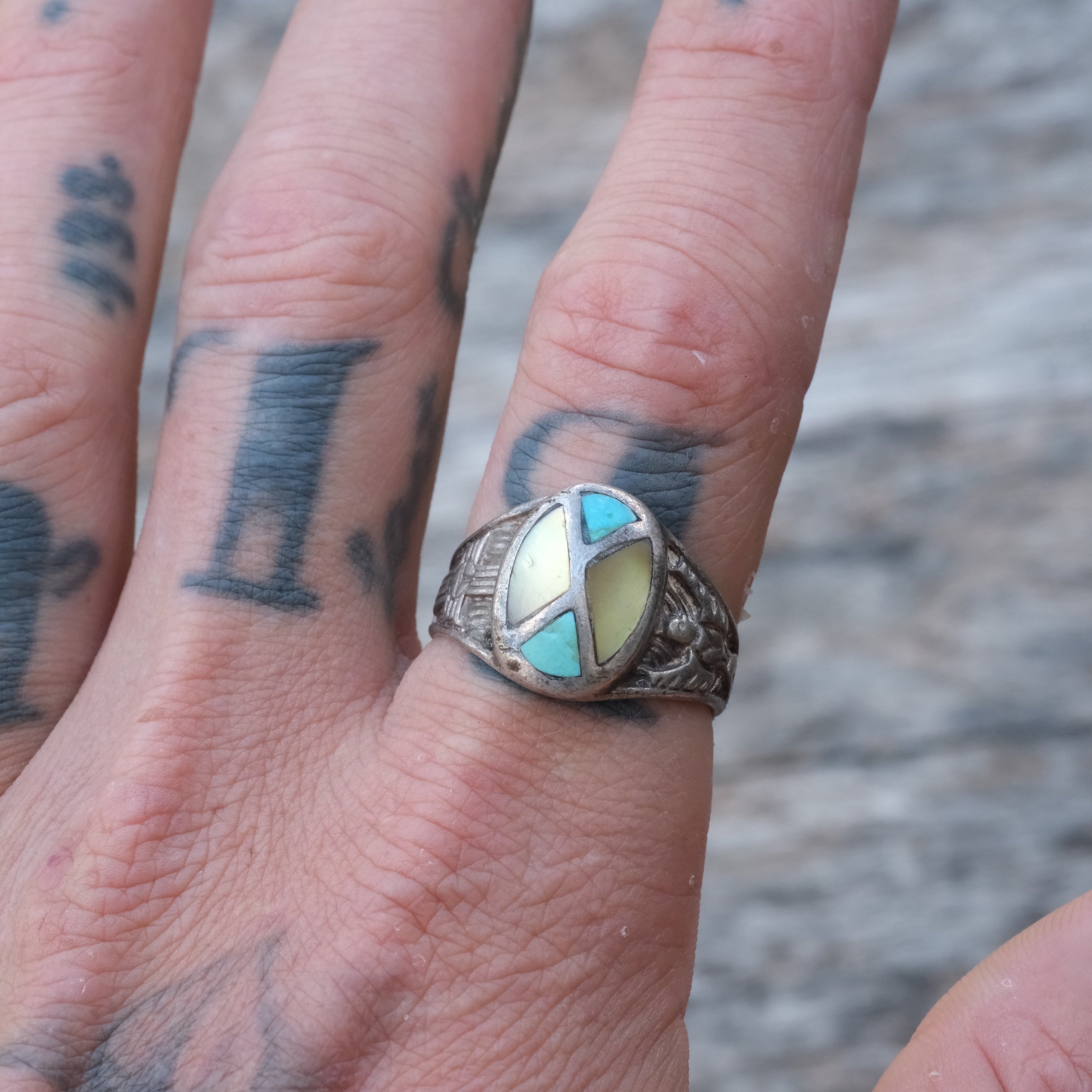 Vintage Sterling Turquoise and Mother Of Pearl Thunderbird Ring 10.25