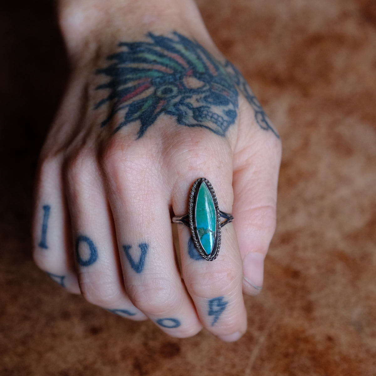Vintage Sterling Turquoise Roper Ring 9.25