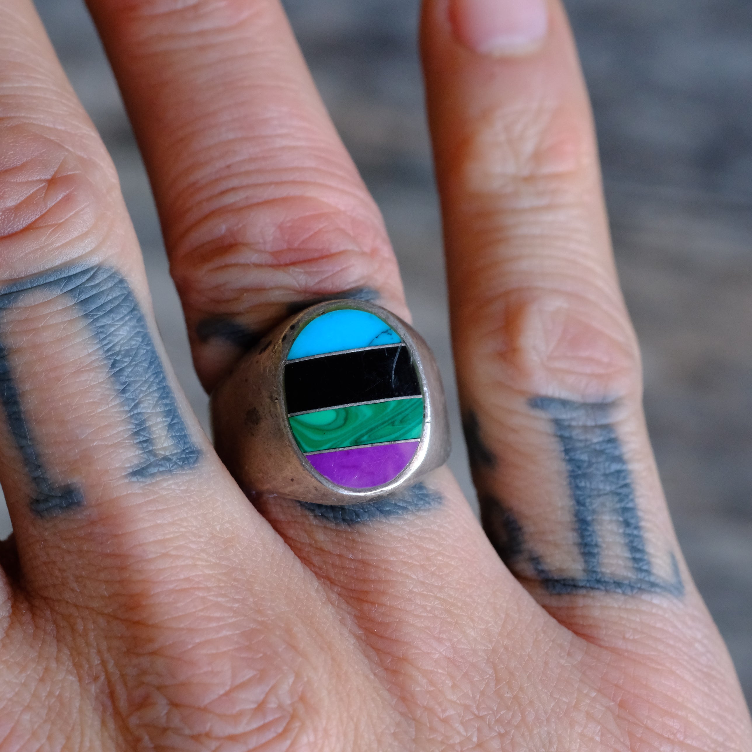 Vintage Sterling Multistone Inlay Ring 9