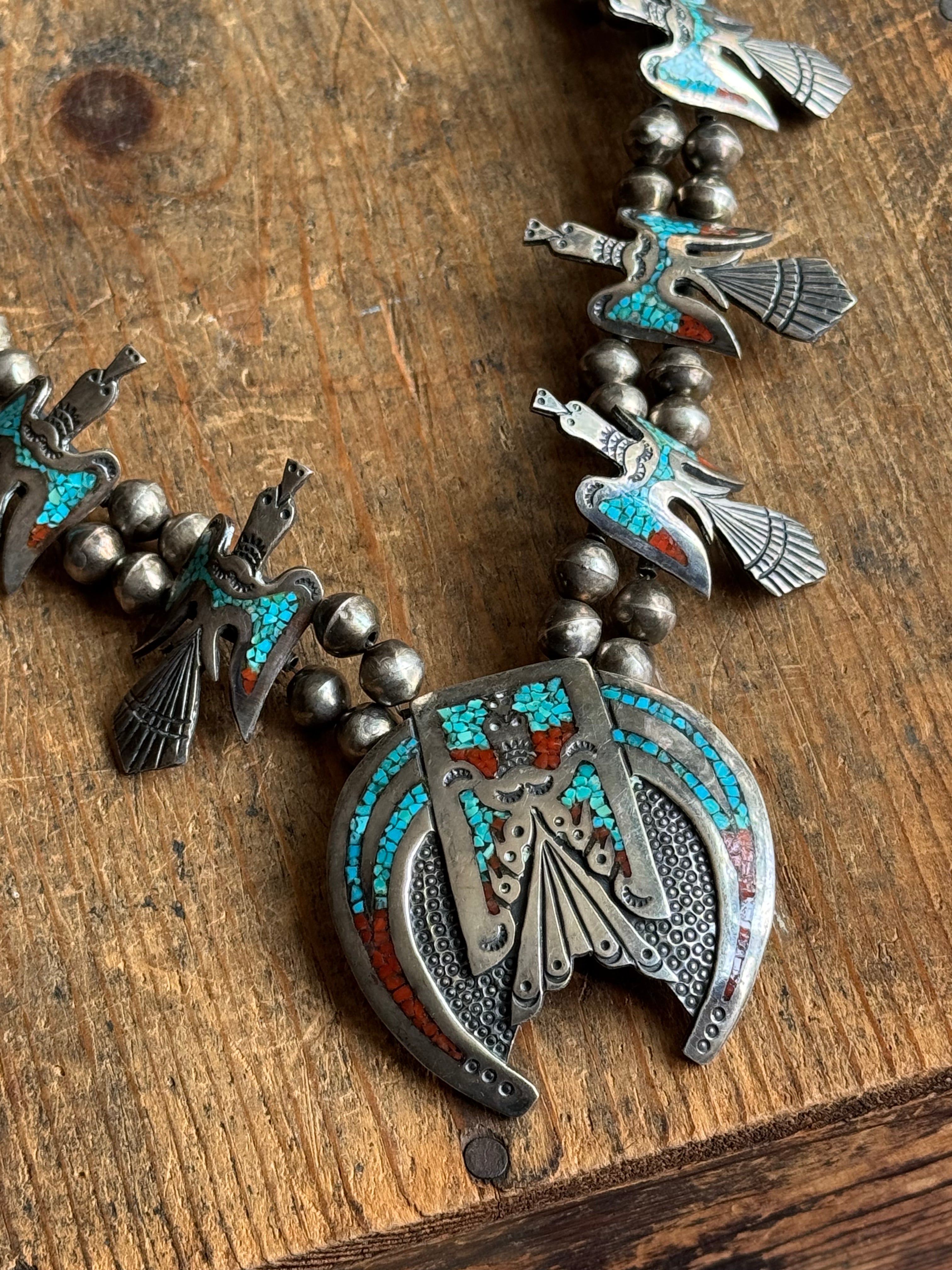 Vintage Sterling Silver Turquoise & Coral Inlay Peyote Bird Squash Blossom