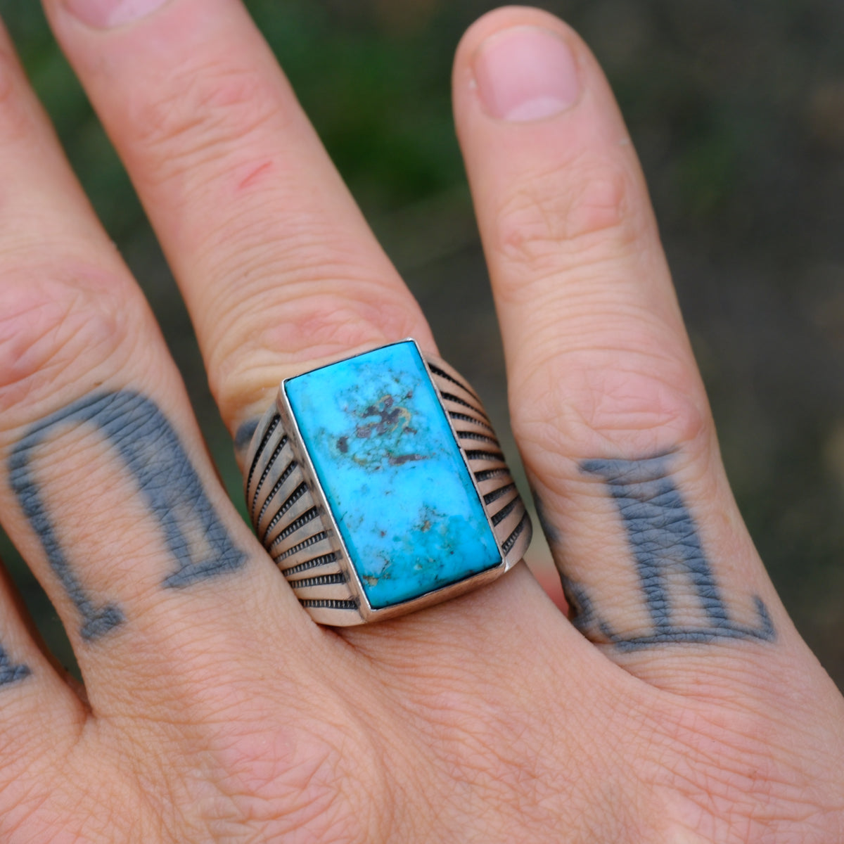 Vintage Sterling Turquoise Stamped Band Ring 9