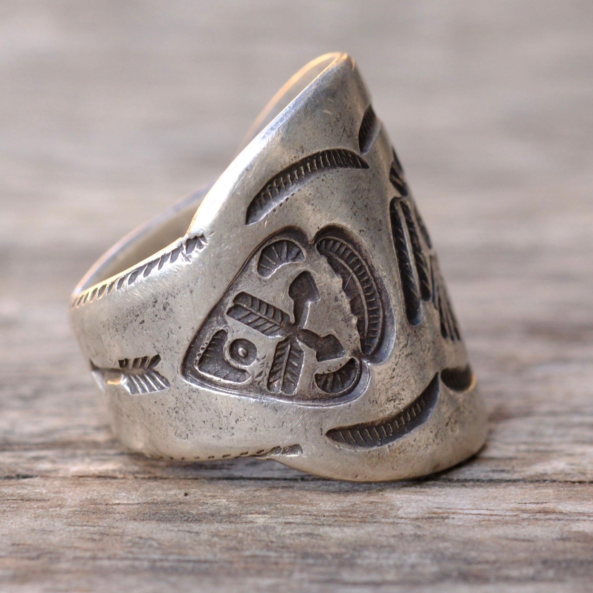 HEAVY Ingot Silver Stamped Thunderbird Cigar Band Ring 10.25