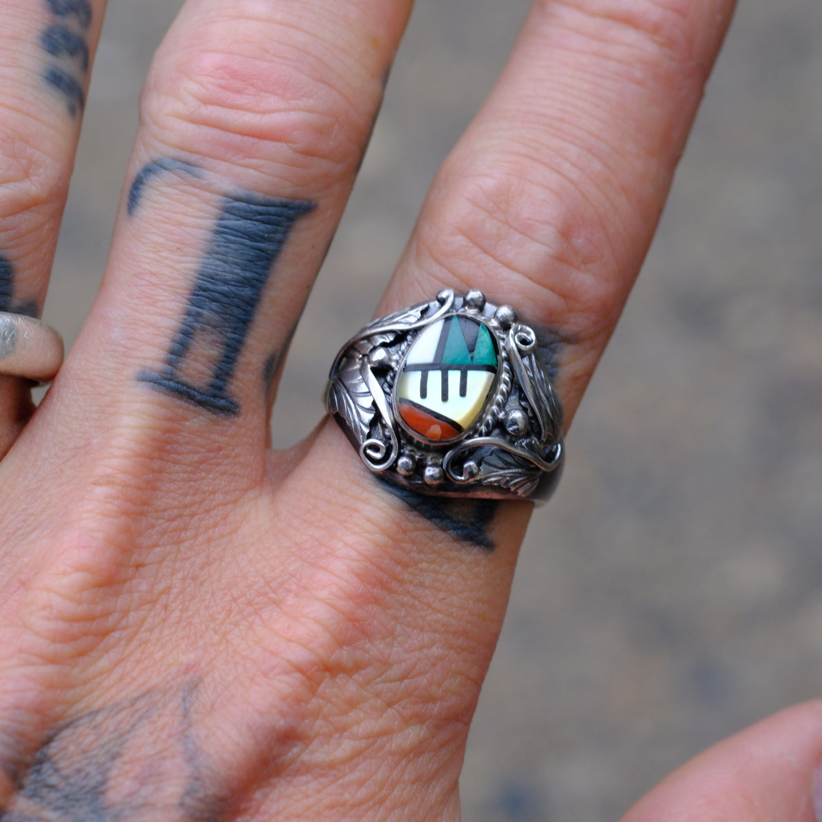 Vintage Sterling Zuni Inlay Ring 11.5