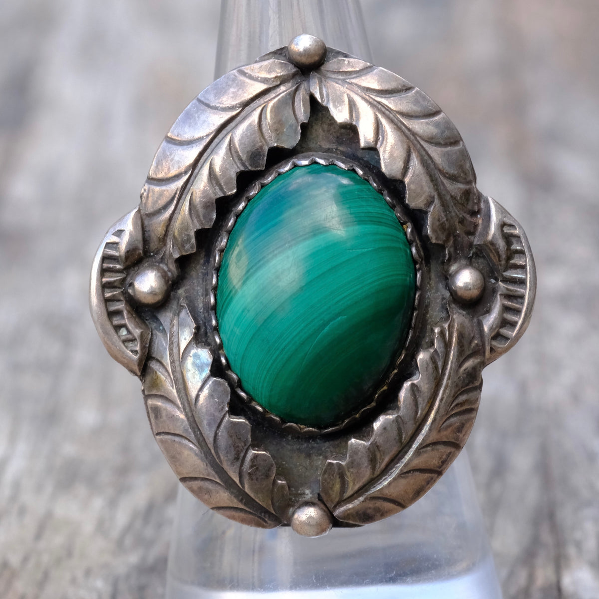 Vintage Sterling Malachite Feather Ring 6