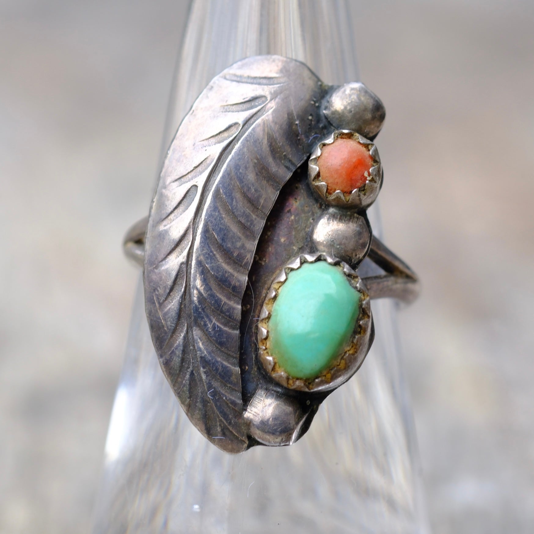 Vintage Sterling Turquoise and Coral Feather Ring 5.75