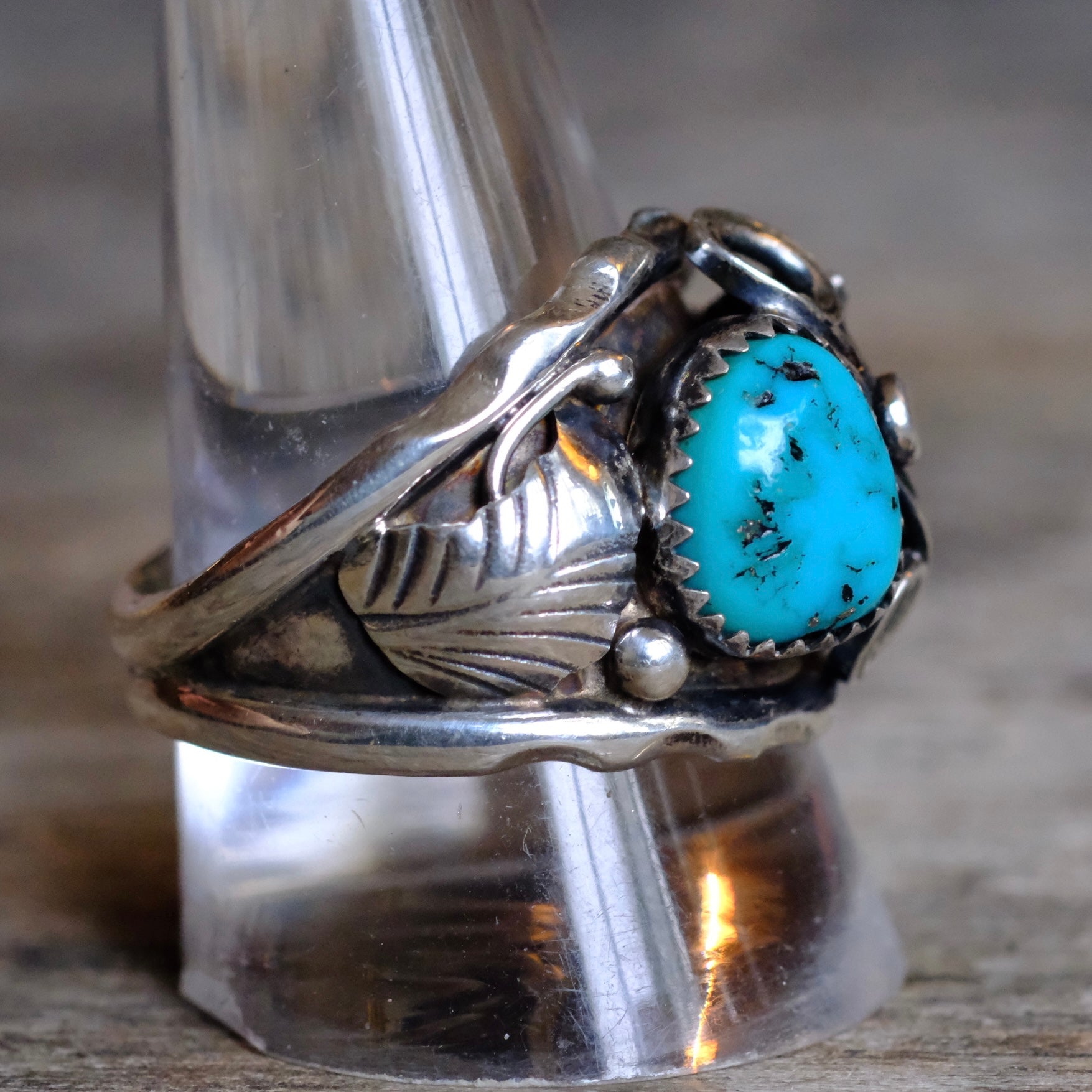 Vintage Sterling Turquoise and Coral Feather Ring 12