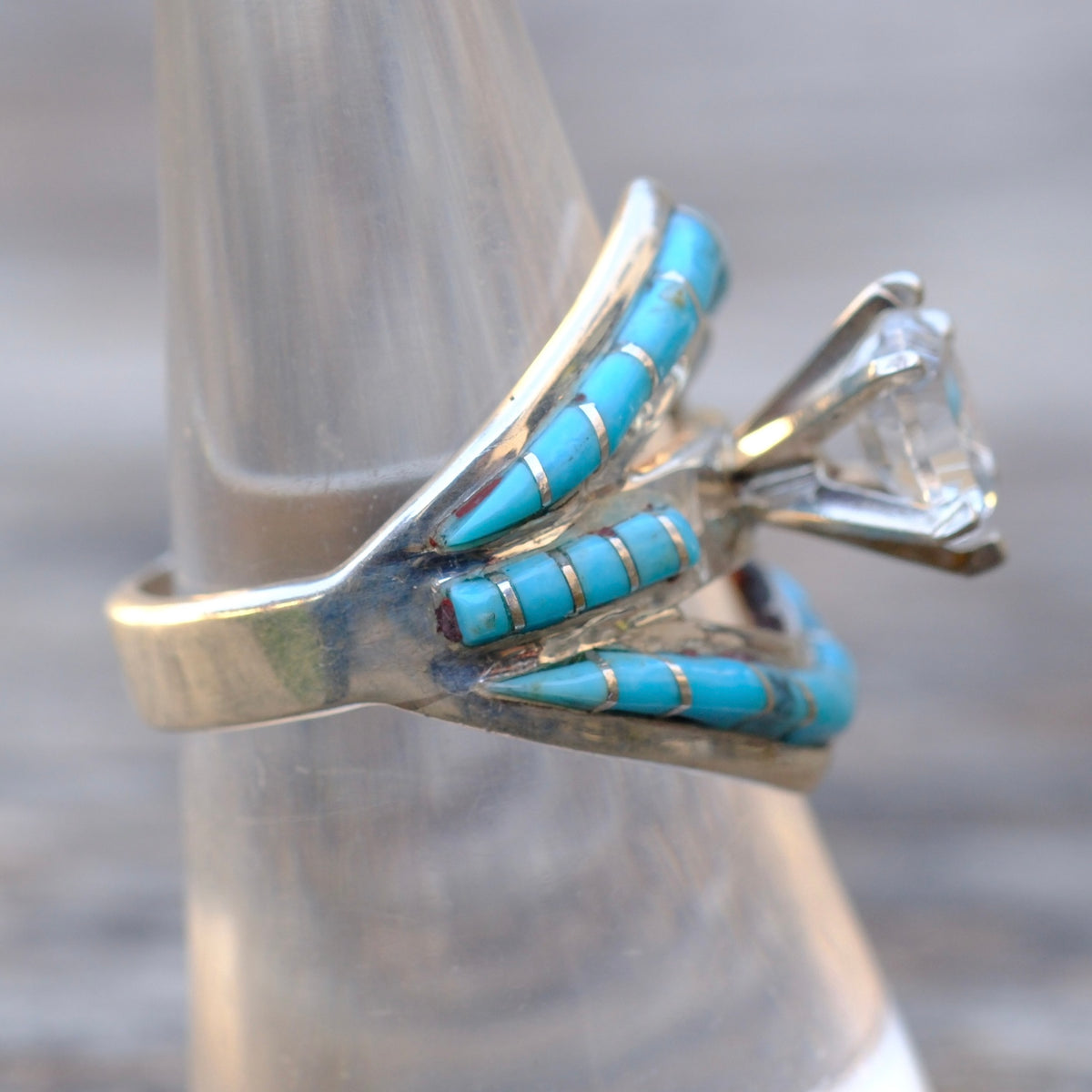 Vintage Sterling Turquoise Inlay CZ Ring 8
