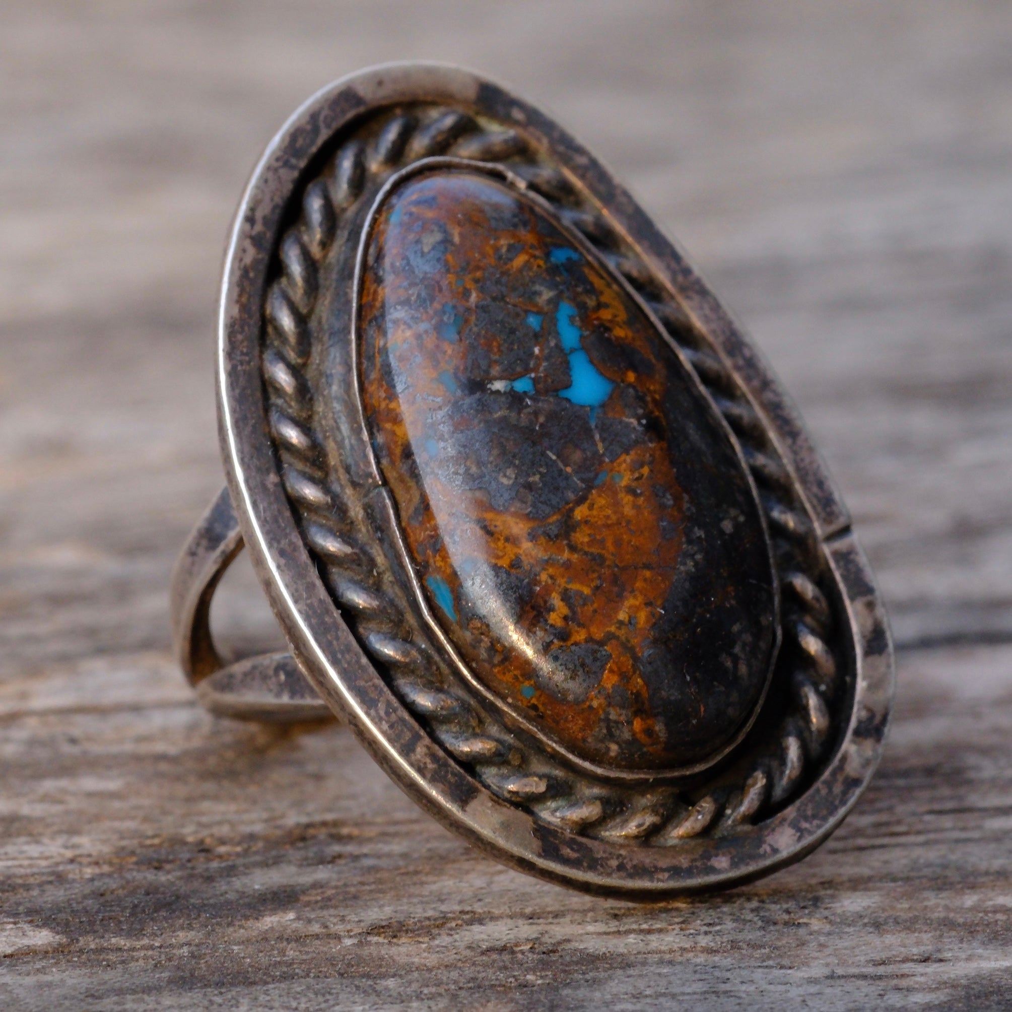 Vintage Sterling Bisbee Turquoise Roper Ring 6.75