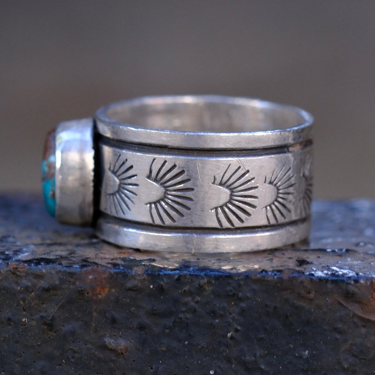 Sterling Silver Bisbee Turquoise Stamped Band Ring 9