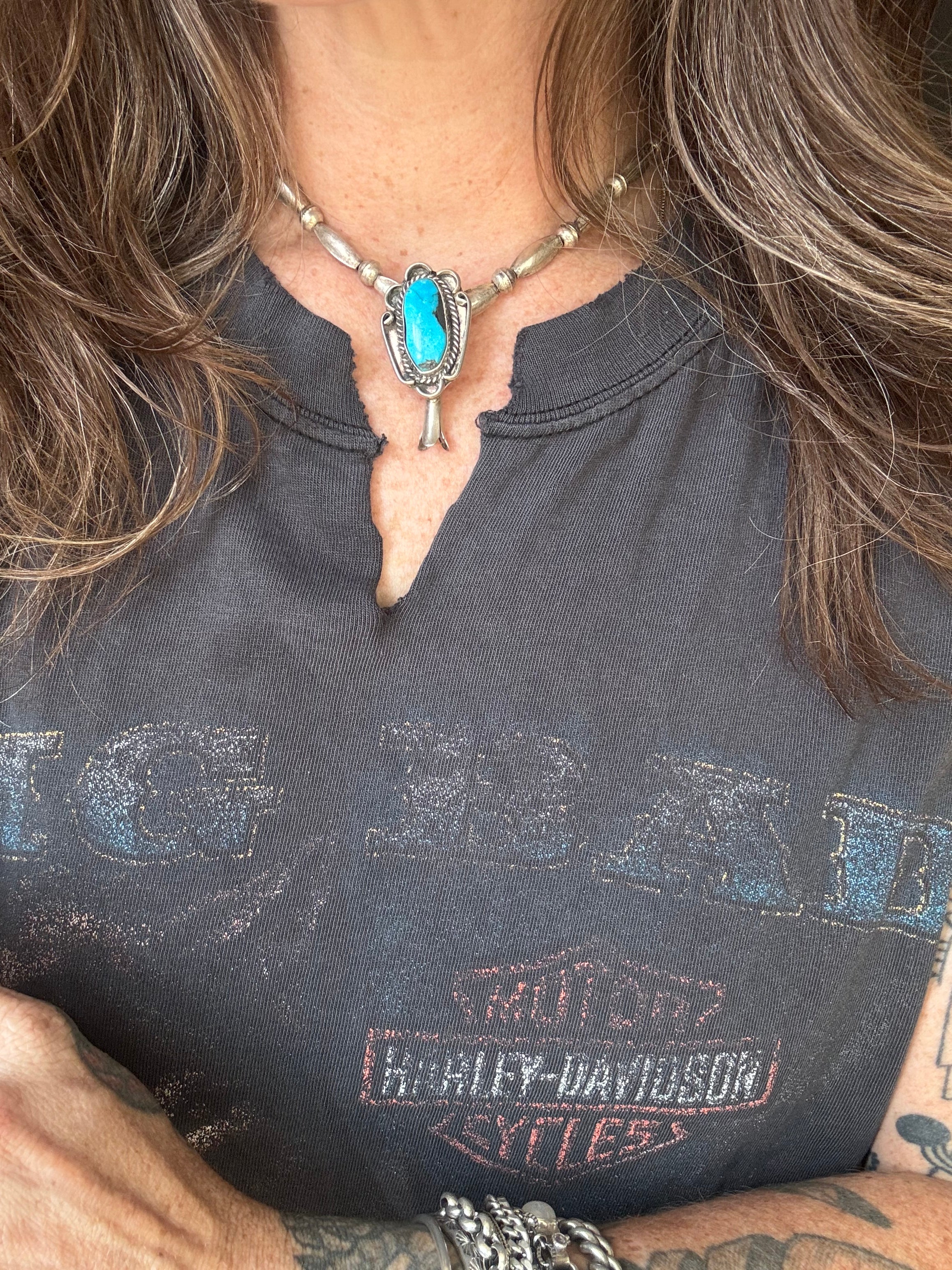 Vintage Sterling Silver Turquoise Squash Bell Necklace