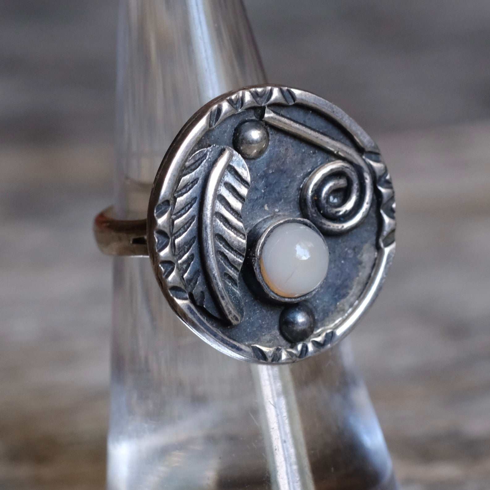 Vintage Sterling Moonstone Feather Ring 5.5