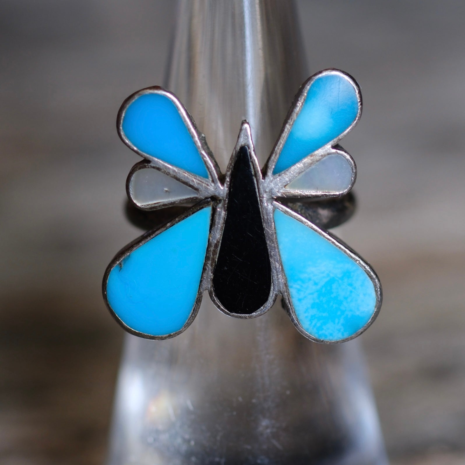 Vintage Sterling Turquoise MOP and Onyx Inlay Butterfly Ring 5