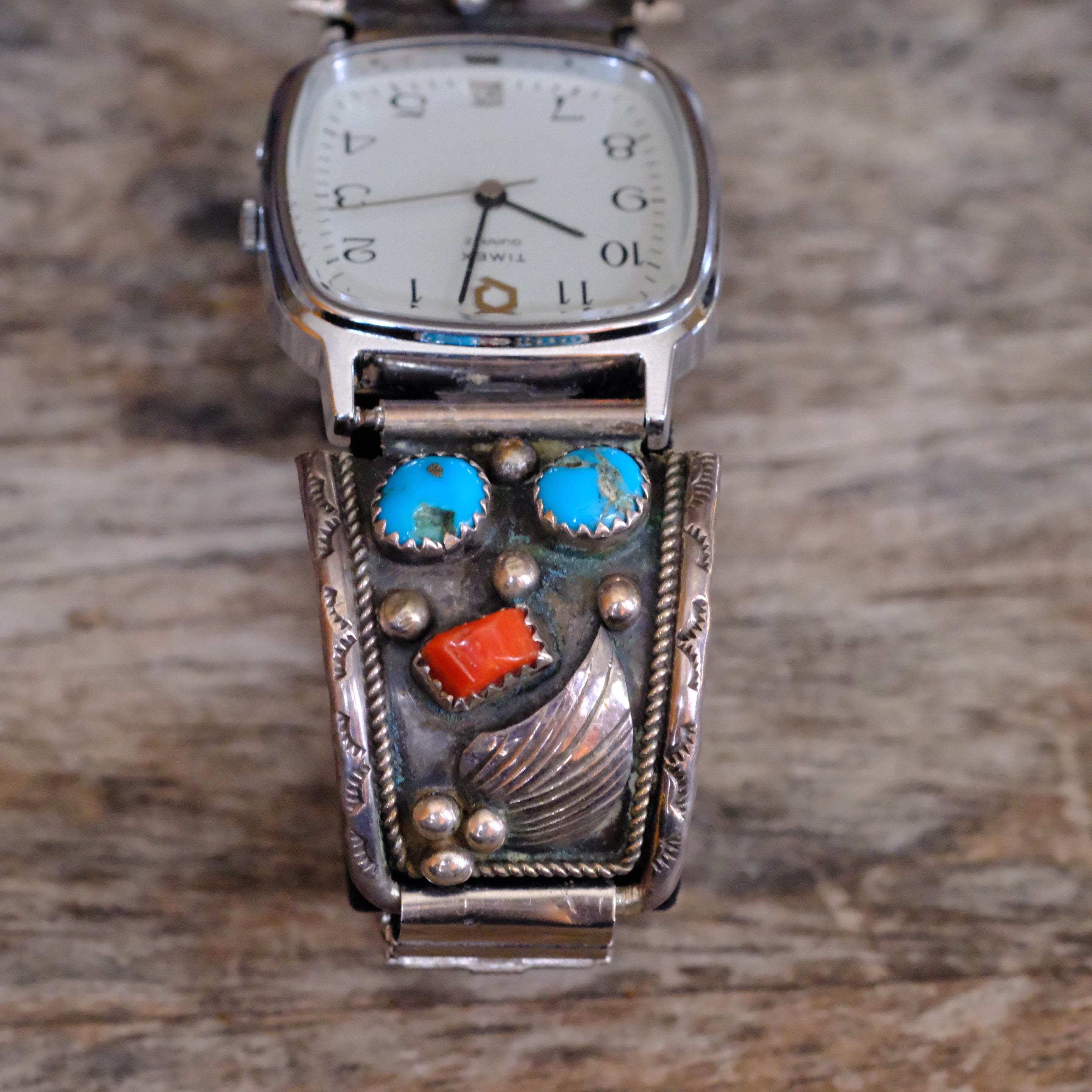 Vintage Sterling Turquoise and Coral Feather Watch
