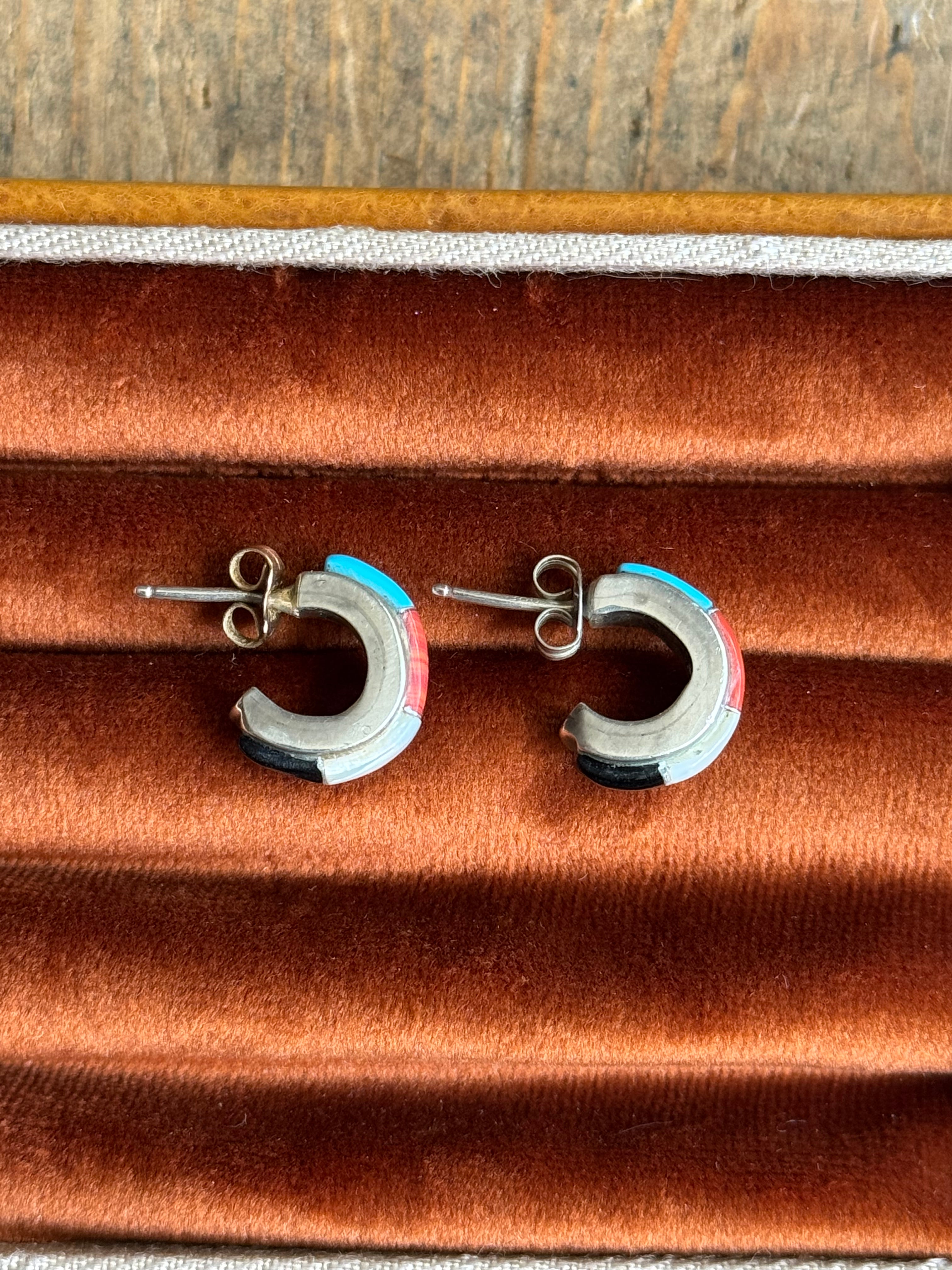 Vintage Sterling Silver Multistone Inlay Hoops