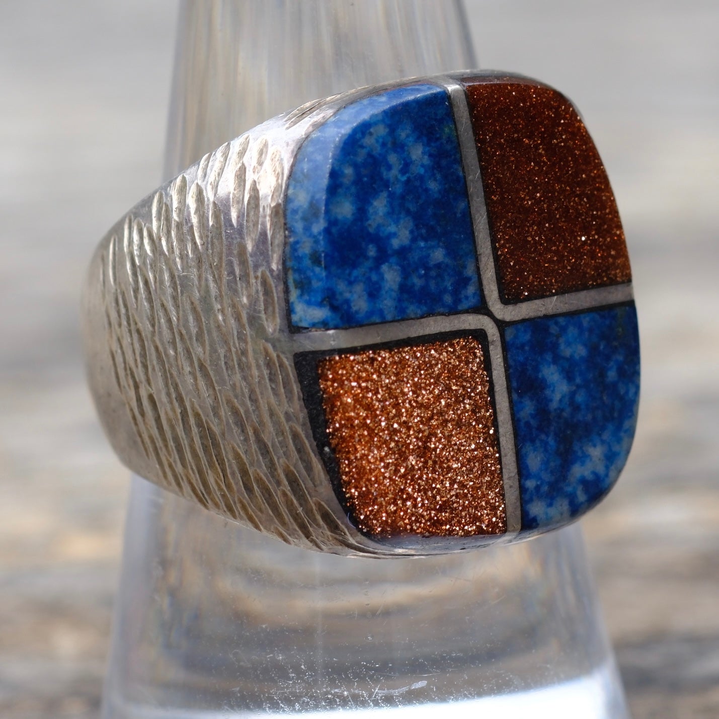 Vintage Sterling Lapis and Goldstone Inlay Ring 9