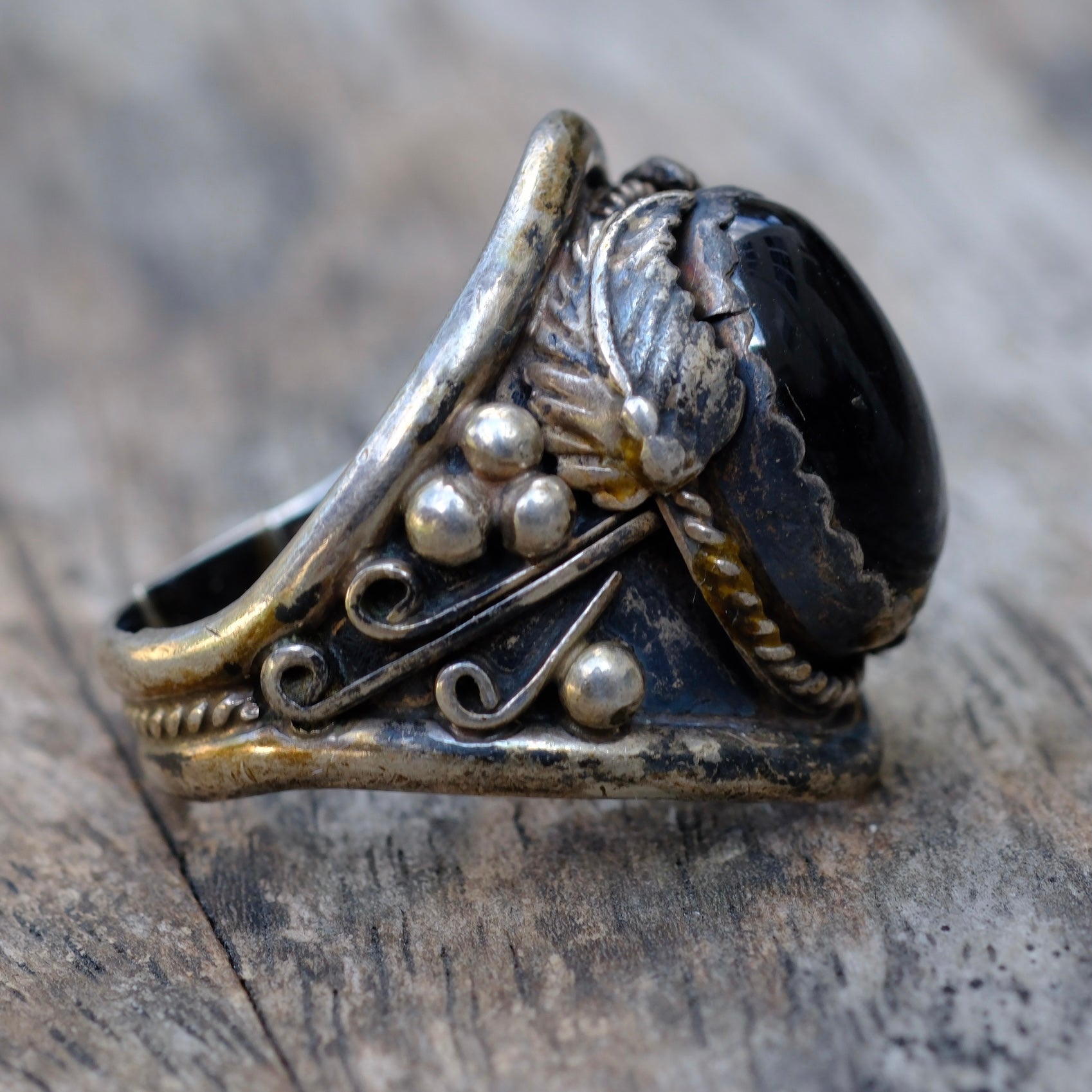 Vintage Sterling Onyx Feather Ring 11.25