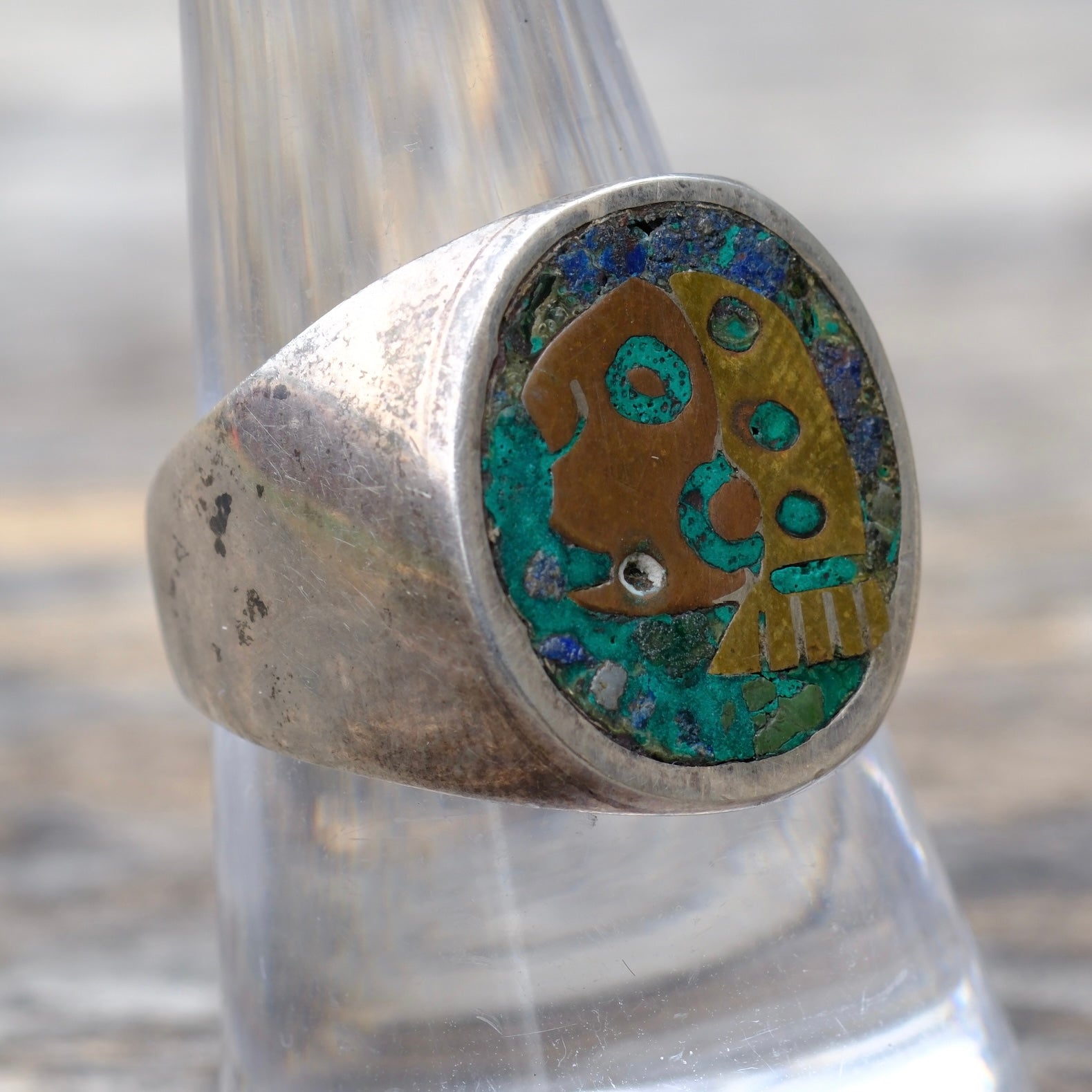 Vintage Sterling Turquoise Inlay Taxco Ring 8.75