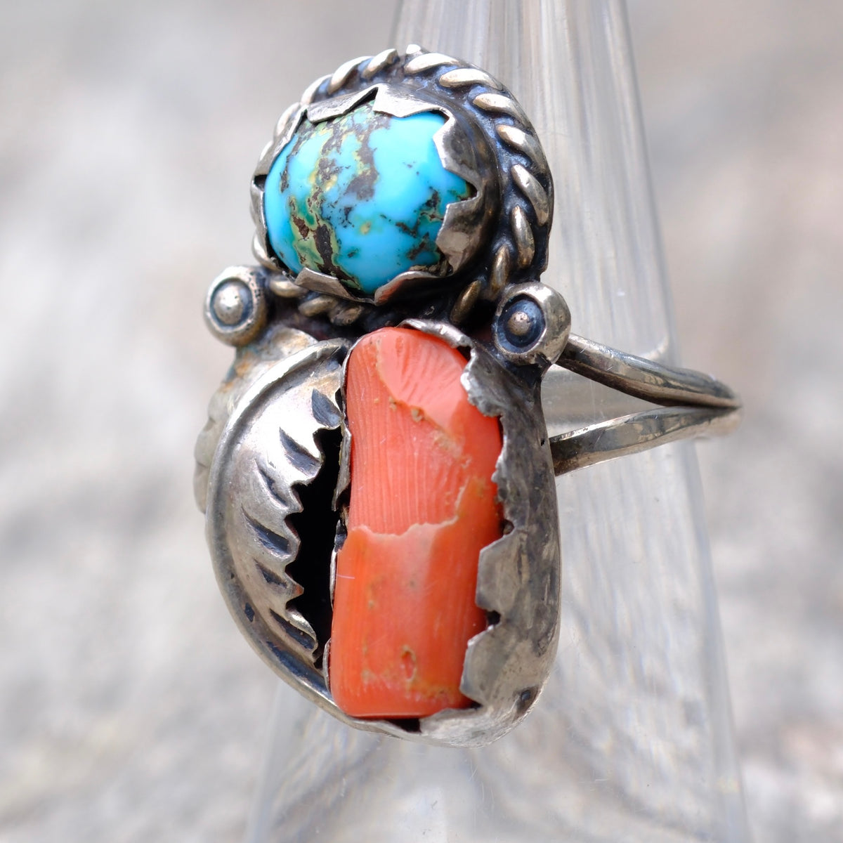Vintage Sterling Turquoise and Coral Feather Ring 5.75