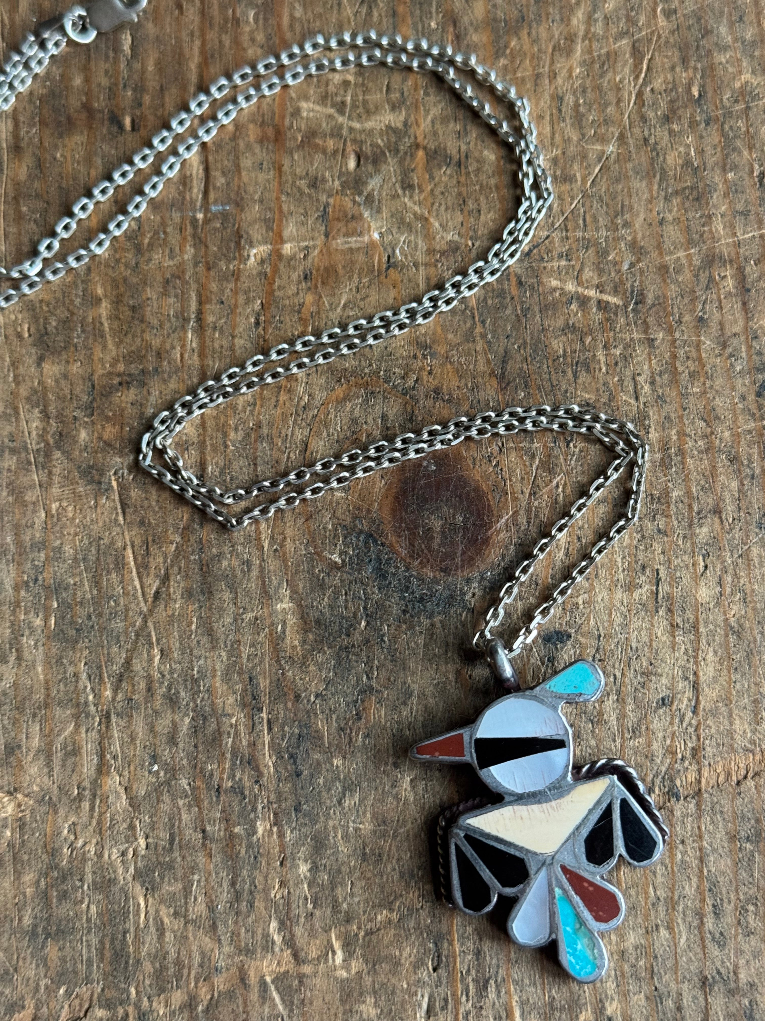 Vintage Sterling Silver Thunderbird Inlay Necklace