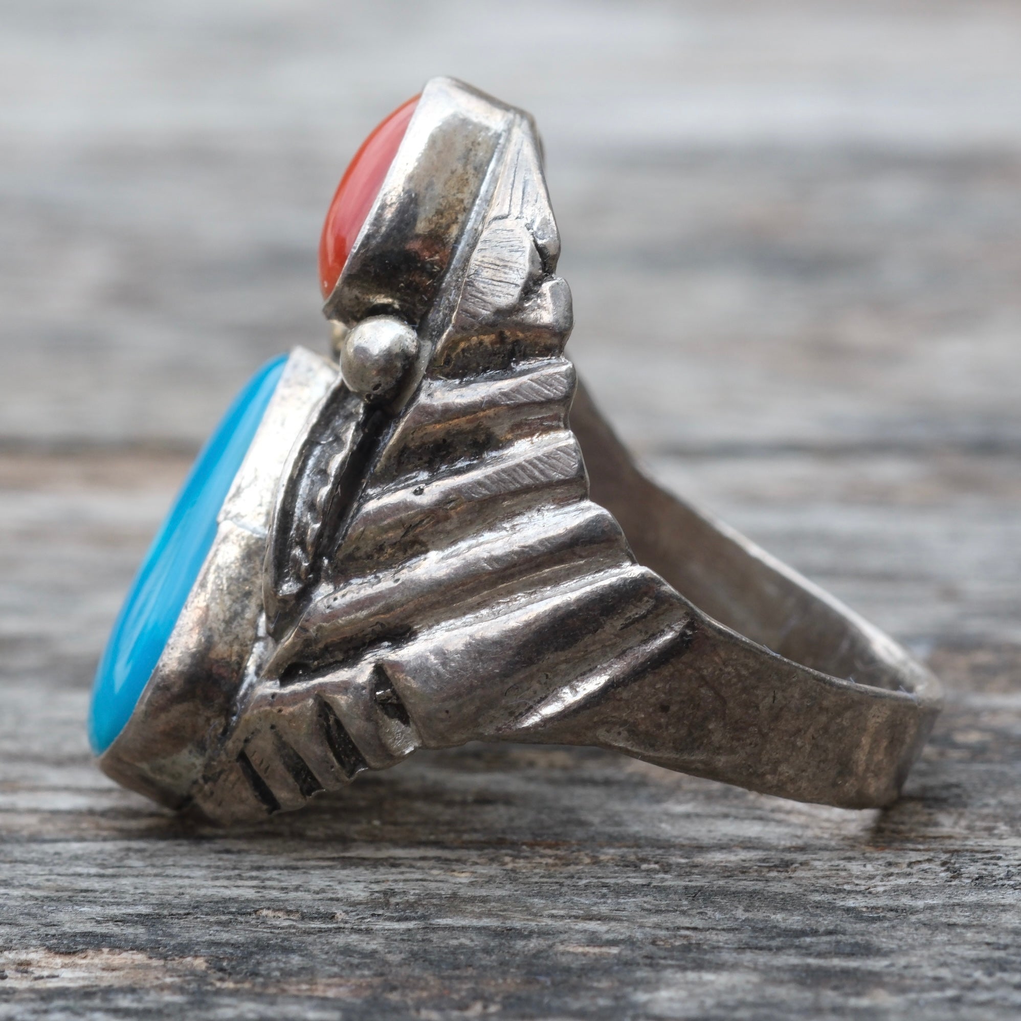 Vintage Sterling Turquoise and Coral Ring 9.75