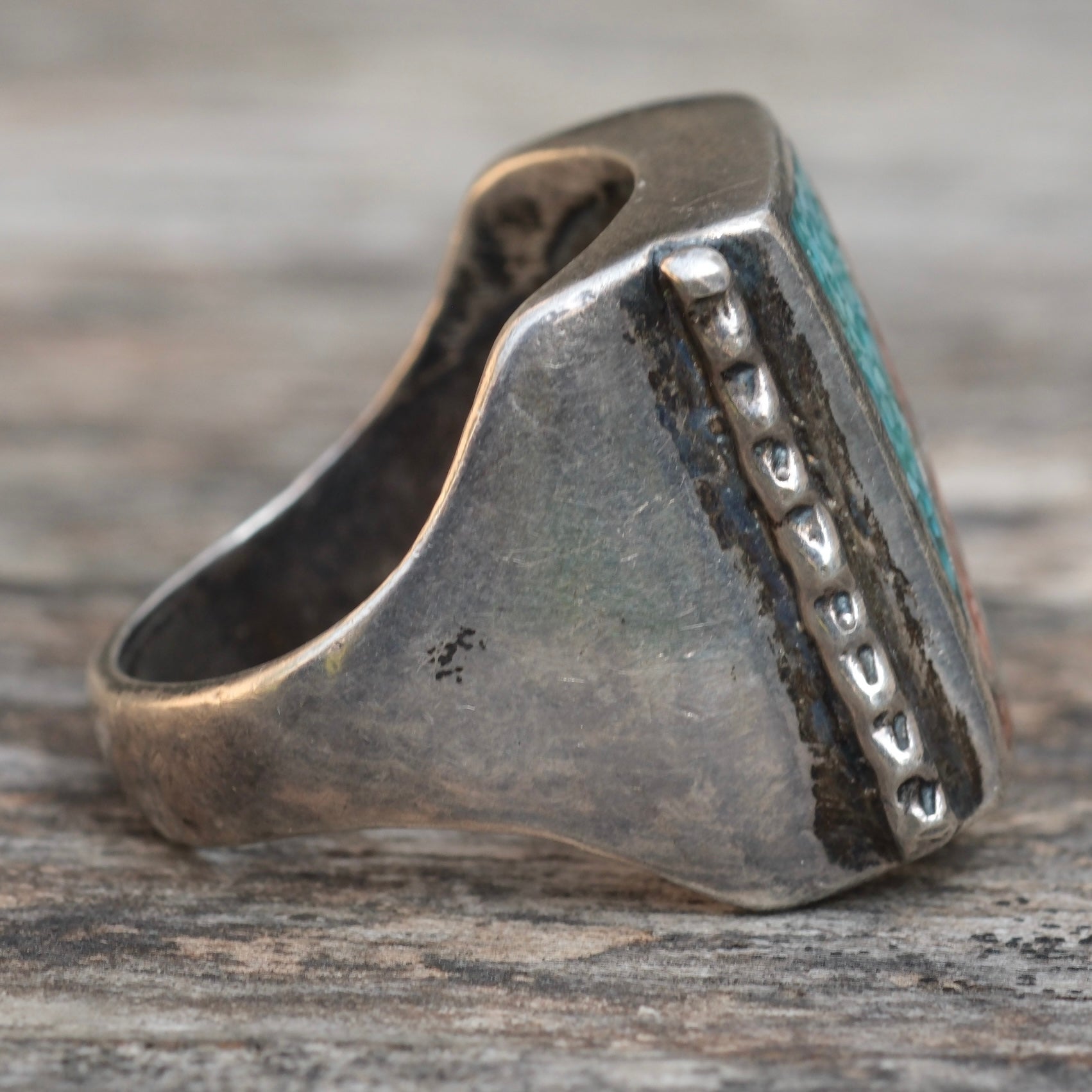 Vintage Sterling Turquoise and Coral Inlay Ring 12