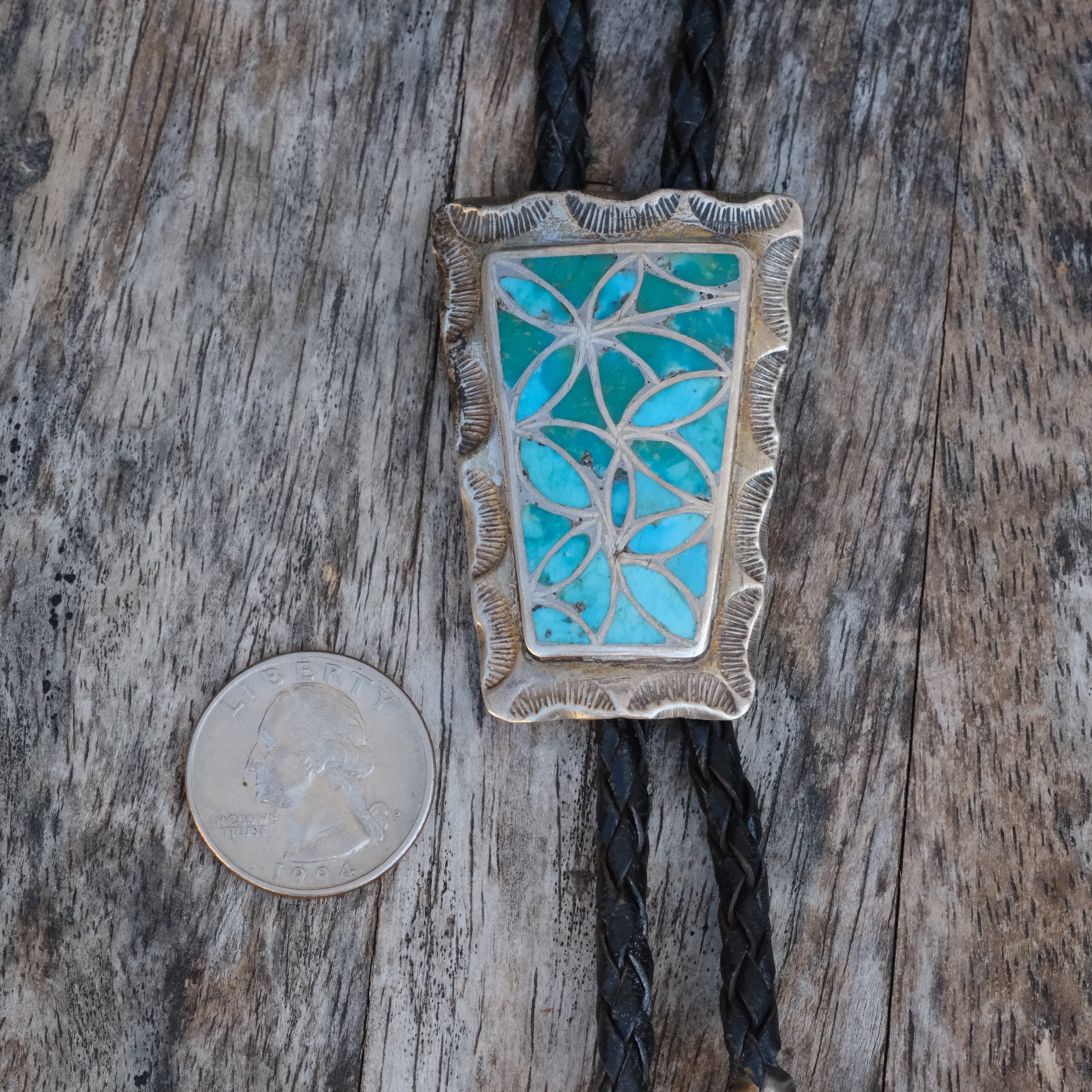Vintage Sterling Turquoise Inlay Stamped Bolo Tie