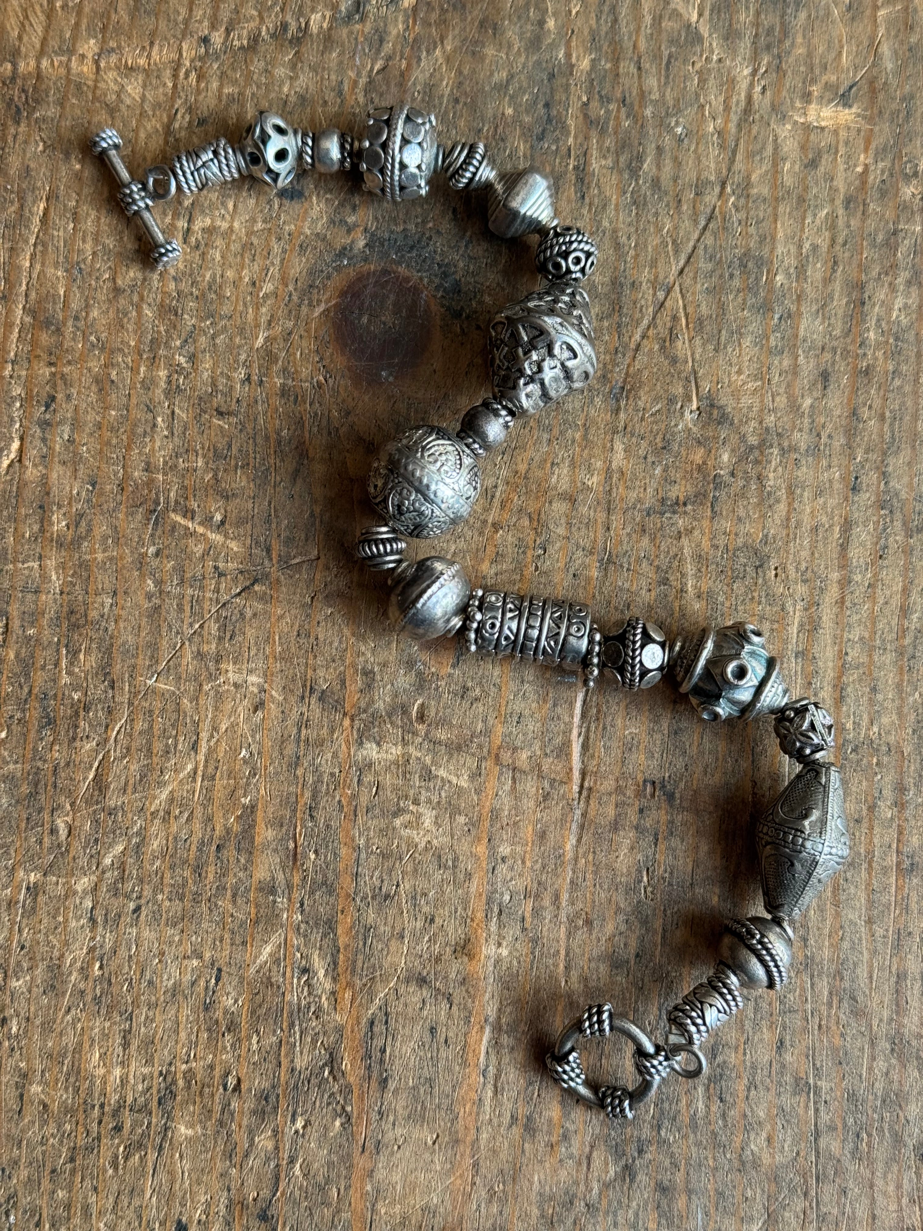 Vintage Sterling Silver 9” Tribal Bead Toggle Bracelet