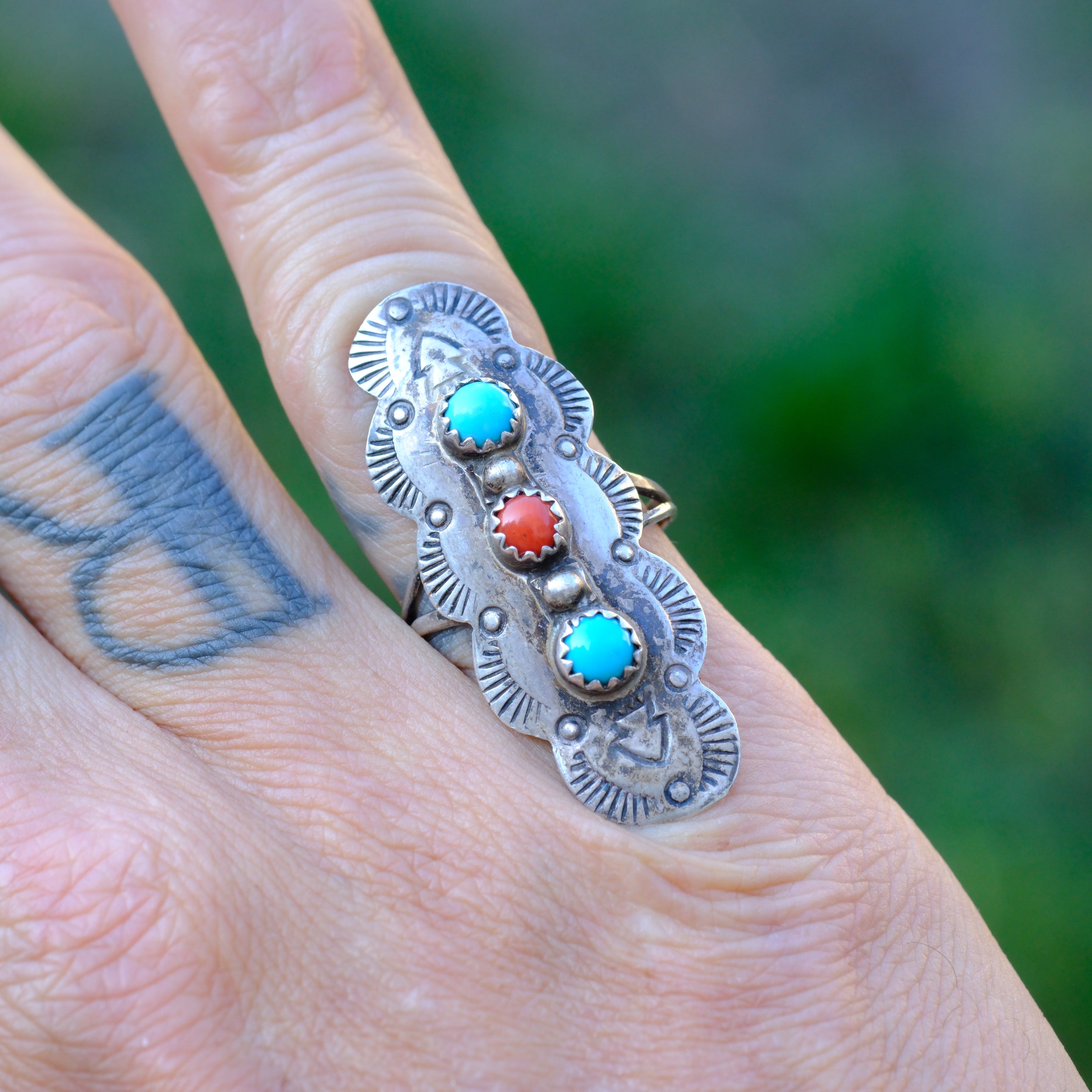 Vintage Sterling Turquoise and Coral Stampe Ring 6.75
